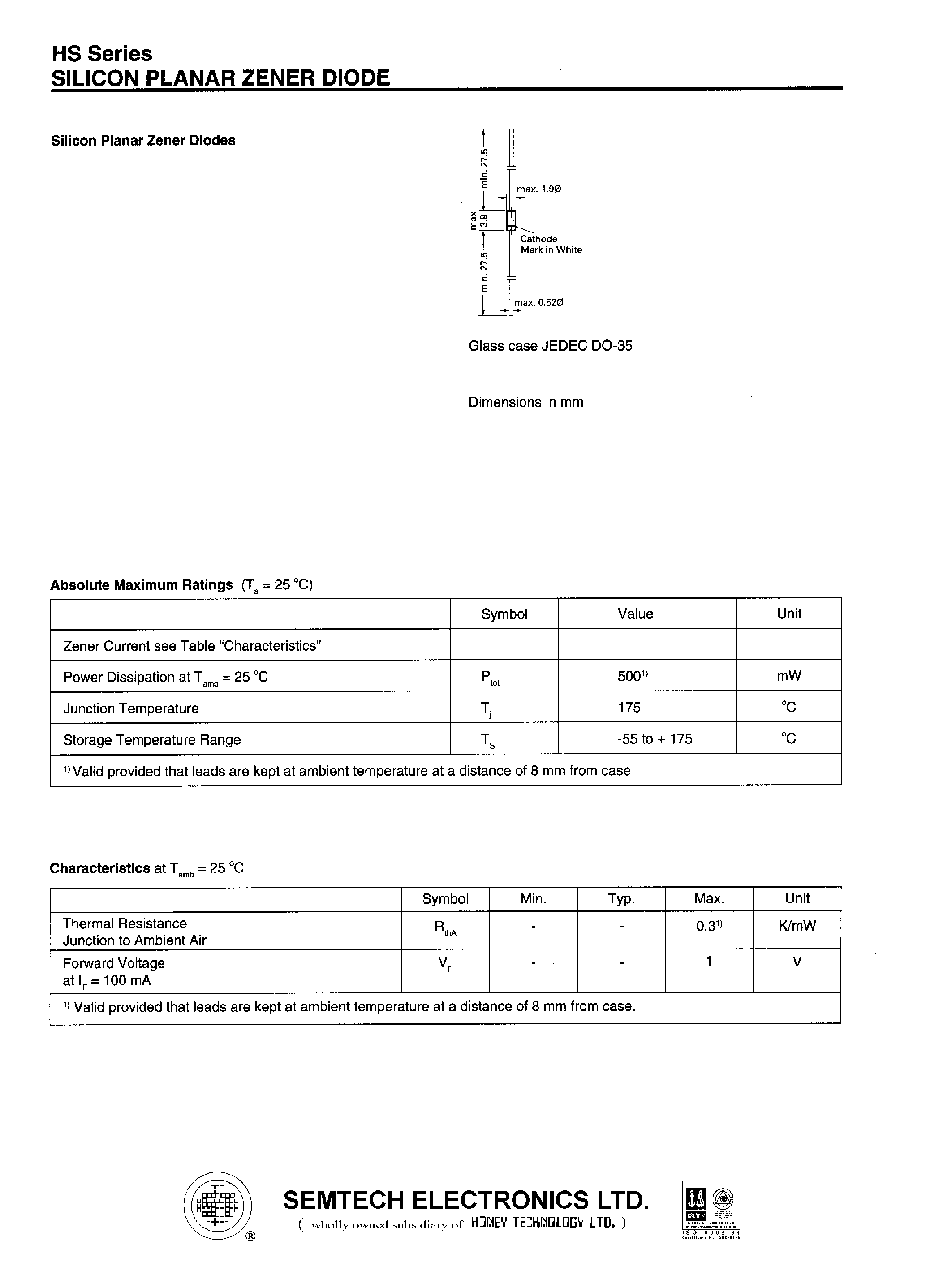 Datasheet 6.8HSC - SILICON PLANAR ZENER DIODE page 1