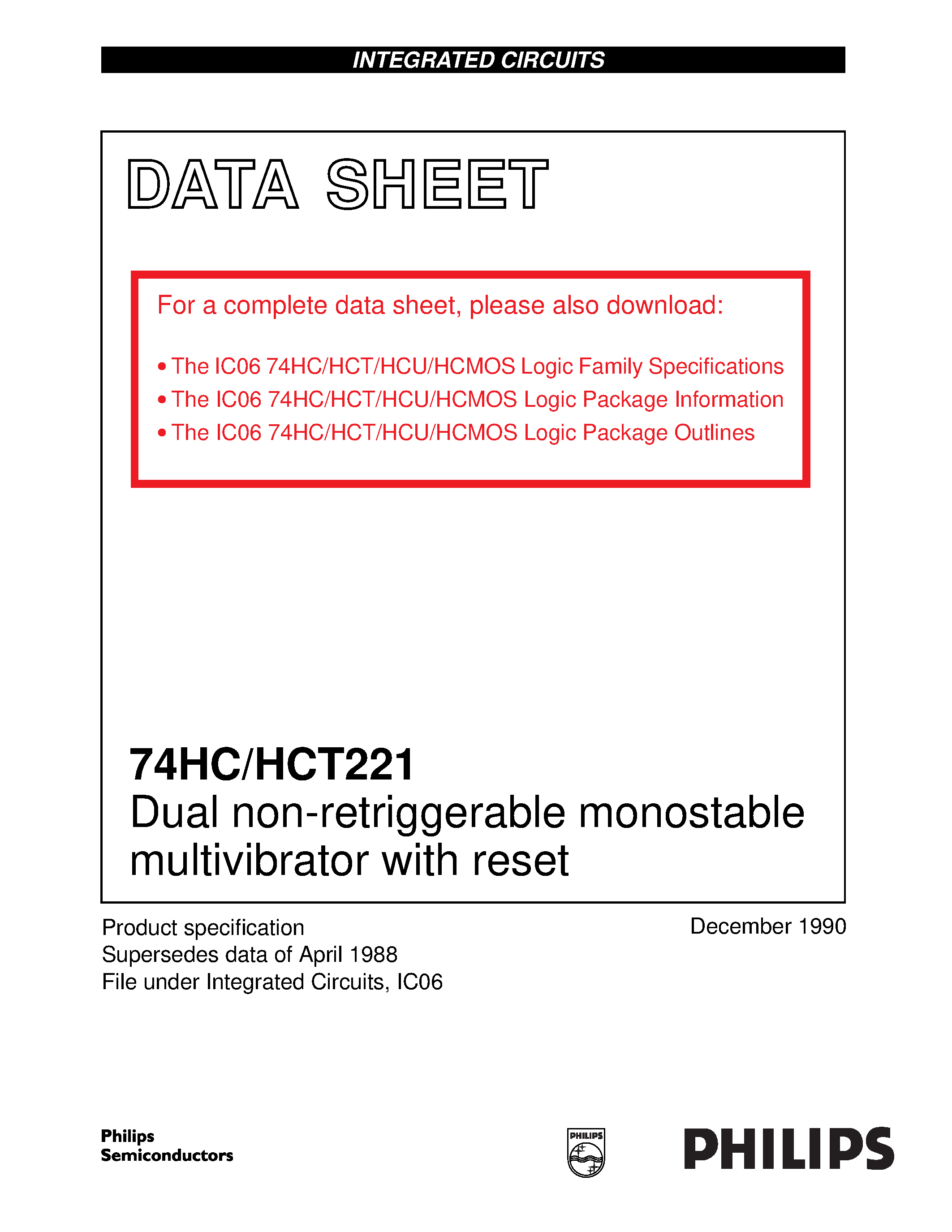 Datasheet 74221 - Dual non-retriggerable monostable multivibrator with reset page 1