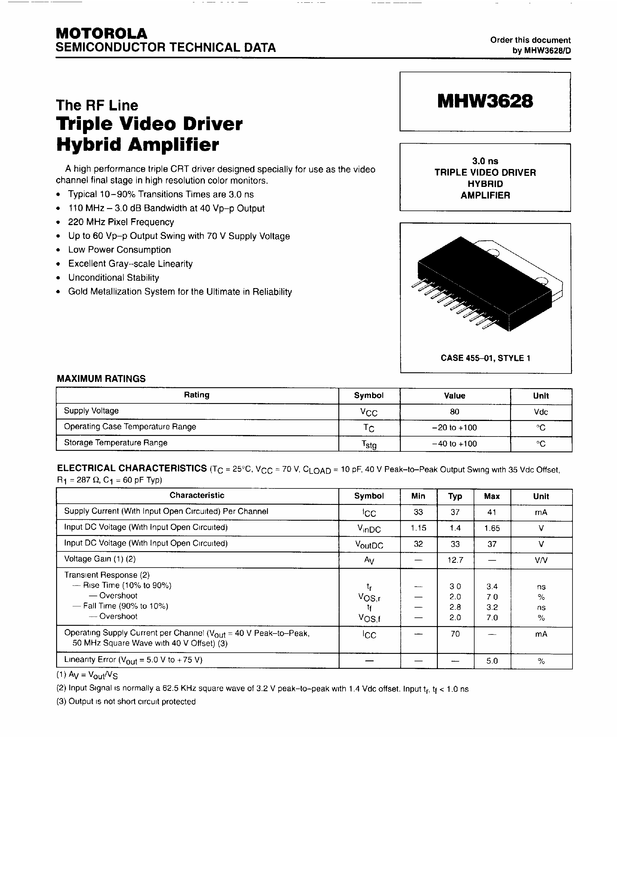 Datasheet MHW3628 - Semiconductor Technical Data page 1