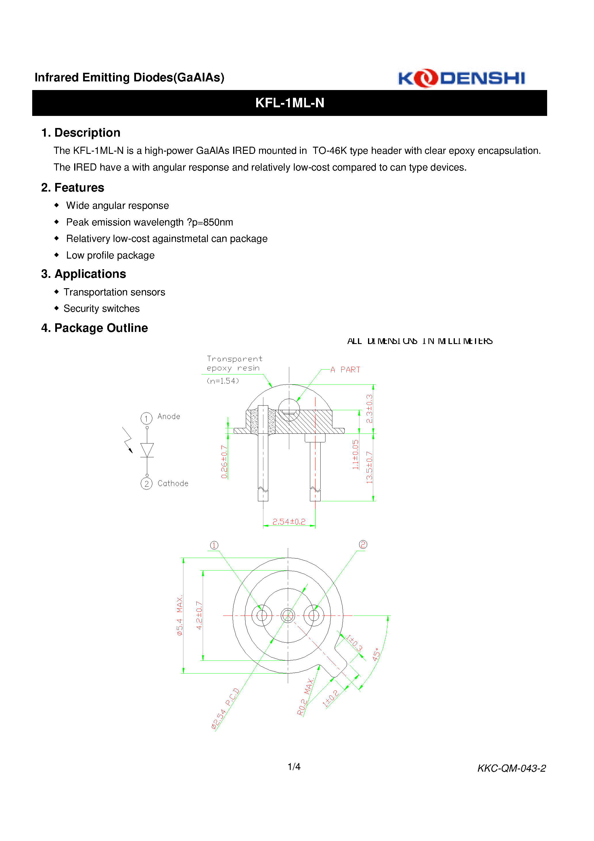 Datasheet KFL-1ML-N - Infrared Emitting Diodes(GaAIAs) page 1