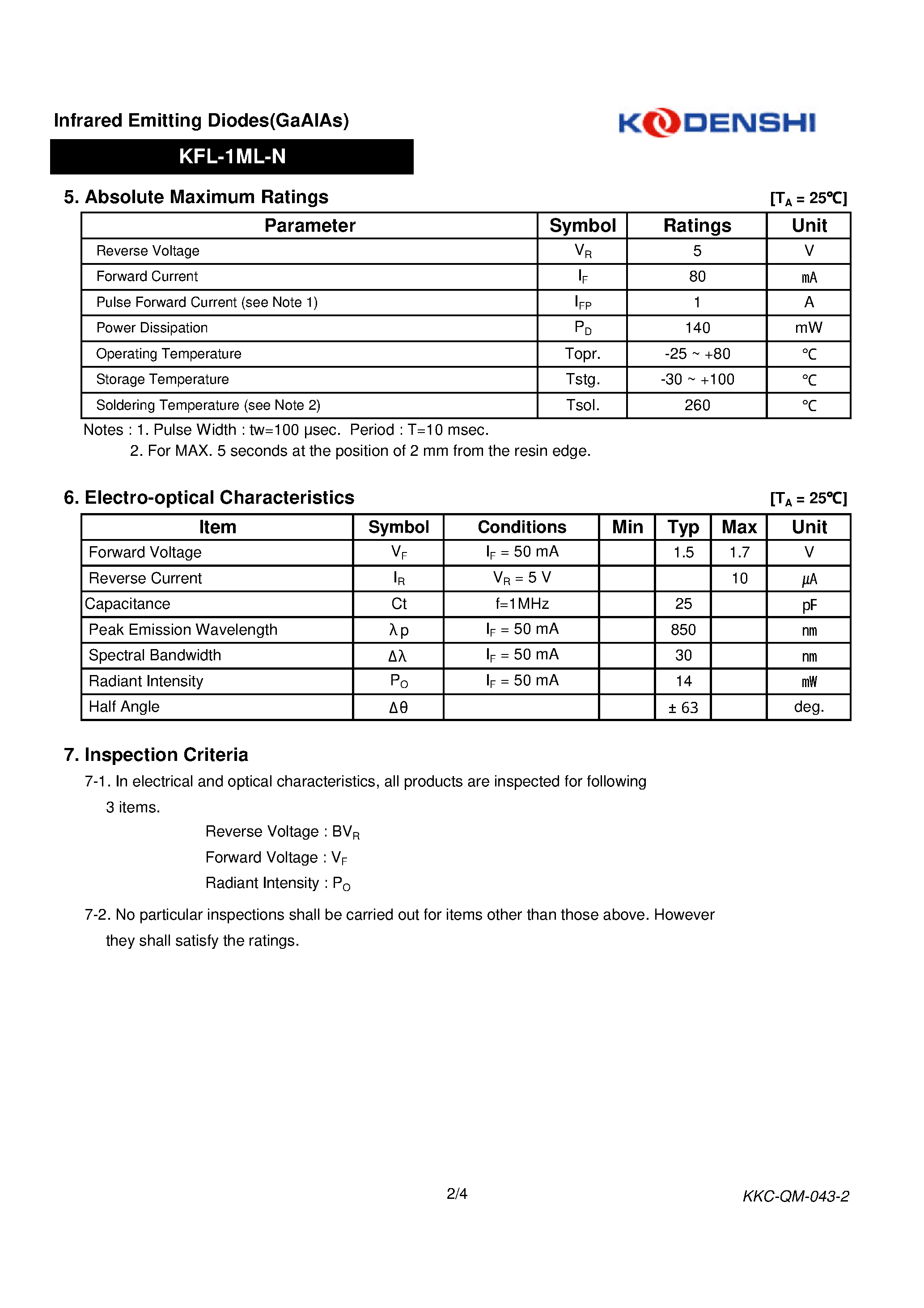 Datasheet KFL-1ML-N - Infrared Emitting Diodes(GaAIAs) page 2