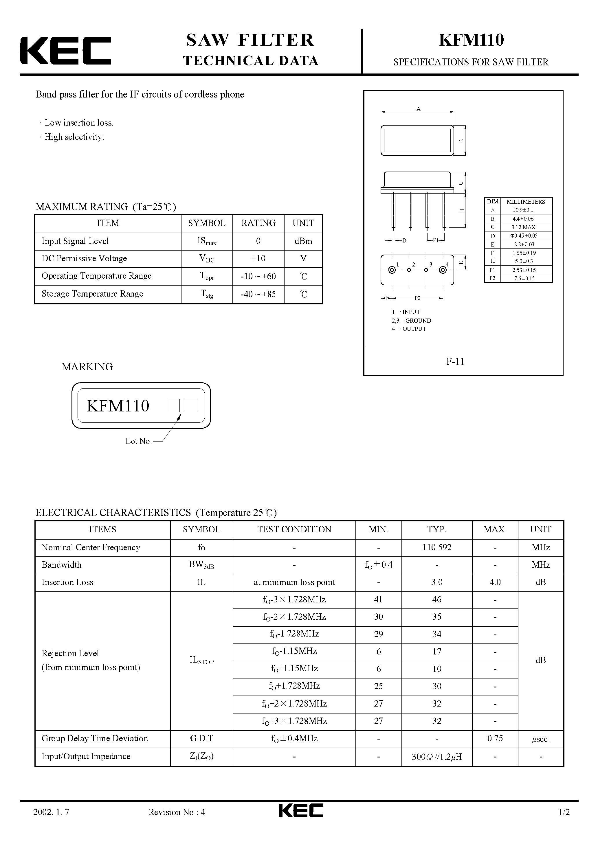 Datasheet KFM110 - SPECIFICATIONS FOR SAW FILTER(BAND PASS FILTERS FOR THR IF CIRCUITS OF CORDLESS PHONE) page 1