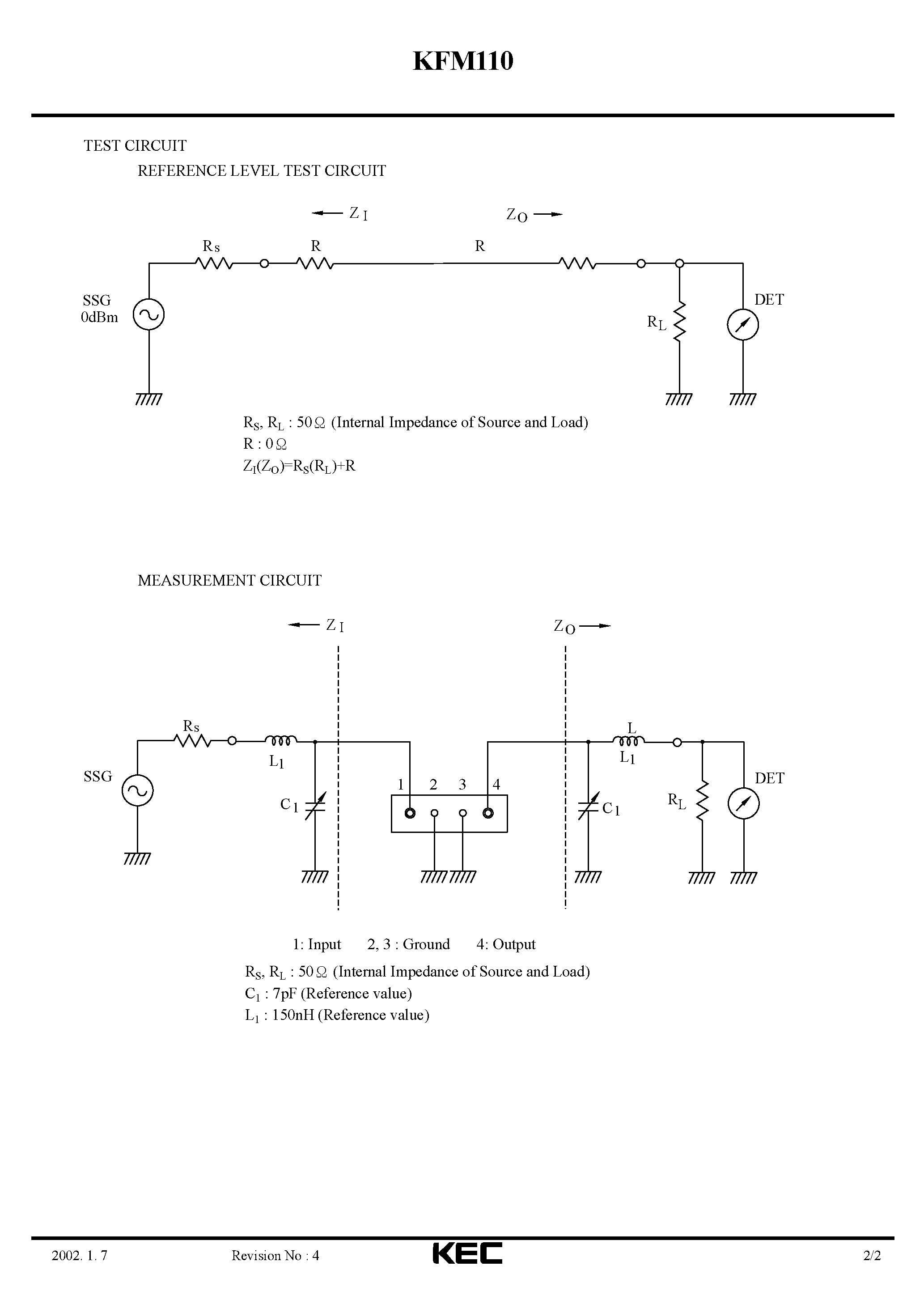 Datasheet KFM110 - SPECIFICATIONS FOR SAW FILTER(BAND PASS FILTERS FOR THR IF CIRCUITS OF CORDLESS PHONE) page 2