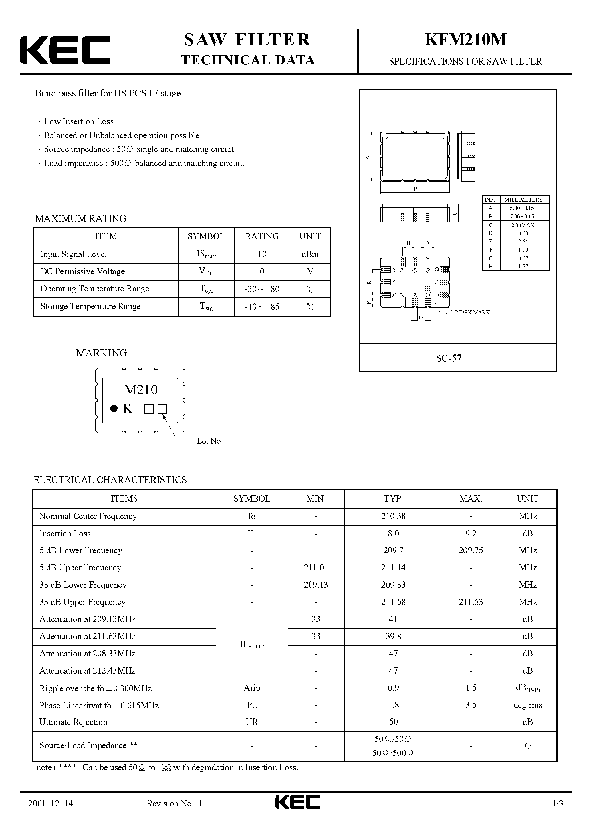 Даташит KFM210M - SPECIFICATIONS FOR SAW FILTER(BAND PASS FILTERS FOR US PCS IF STAGE) страница 1
