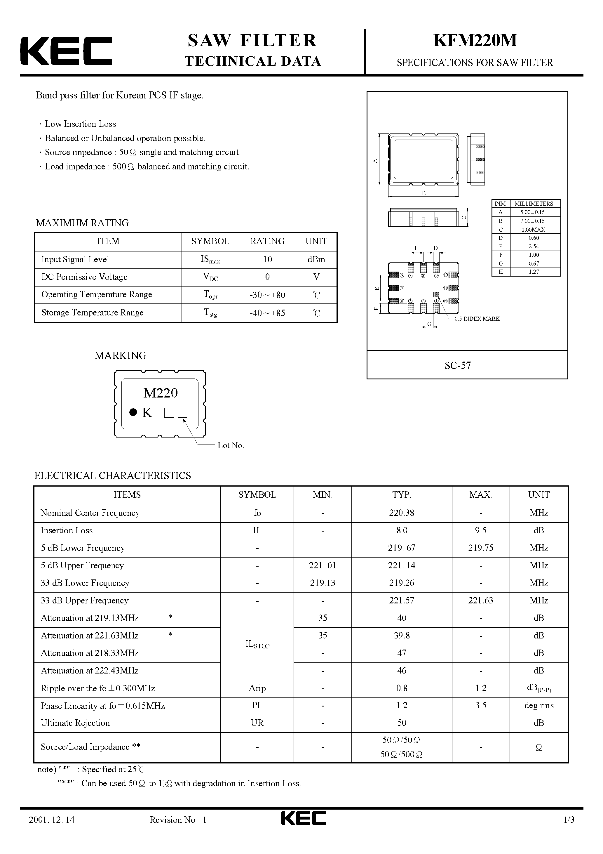 Даташит KFM220M - SPECIFICATIONS FOR SAW FILTER(BAND PASS FILTERS FOR KOREAN PCS IF STAGE) страница 1