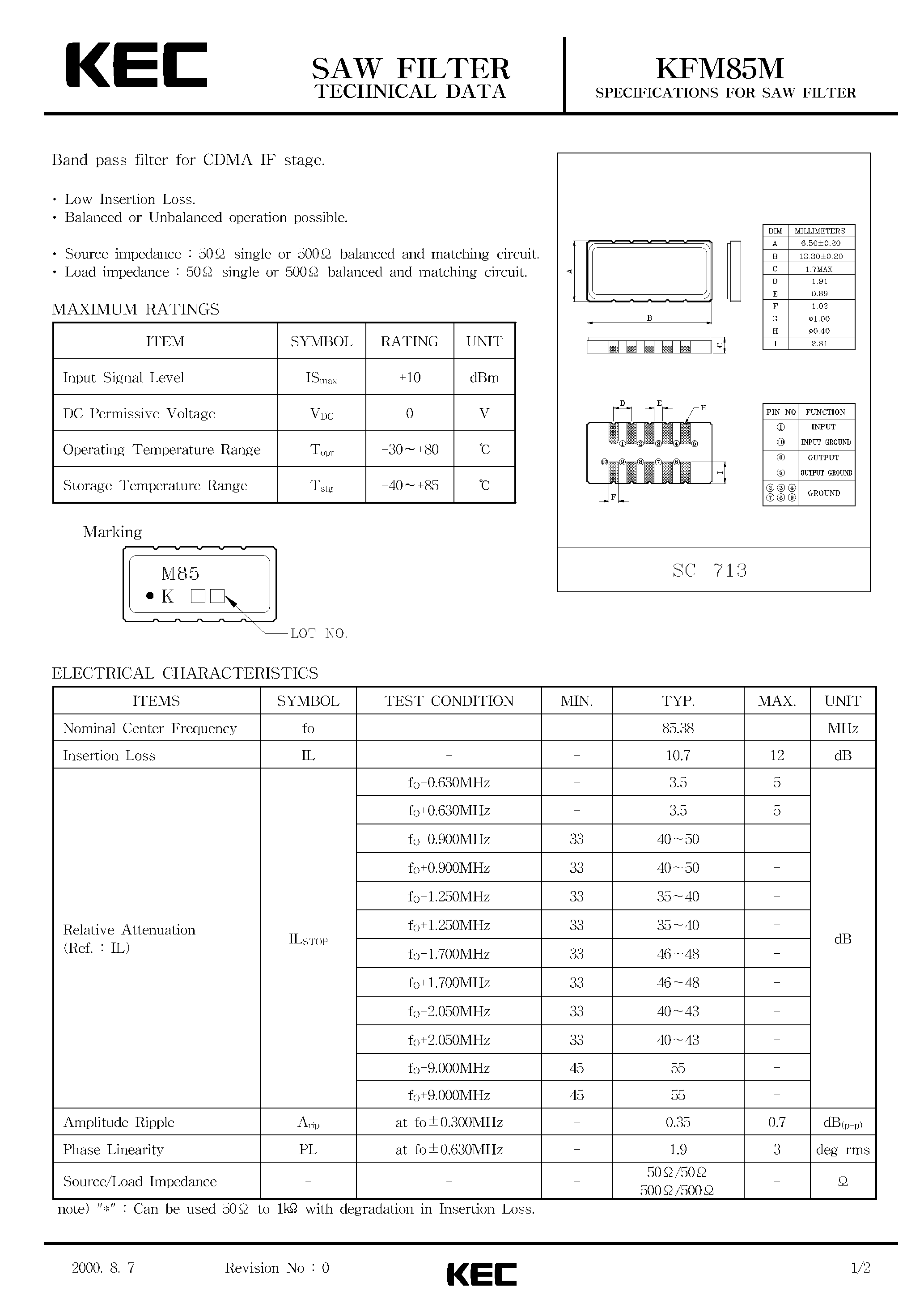 Datasheet KFM85M - SPECIFICATIONS FOR SAW FILTER(BAND PASS FILTERS FOR CDMA IF STAGE) page 1
