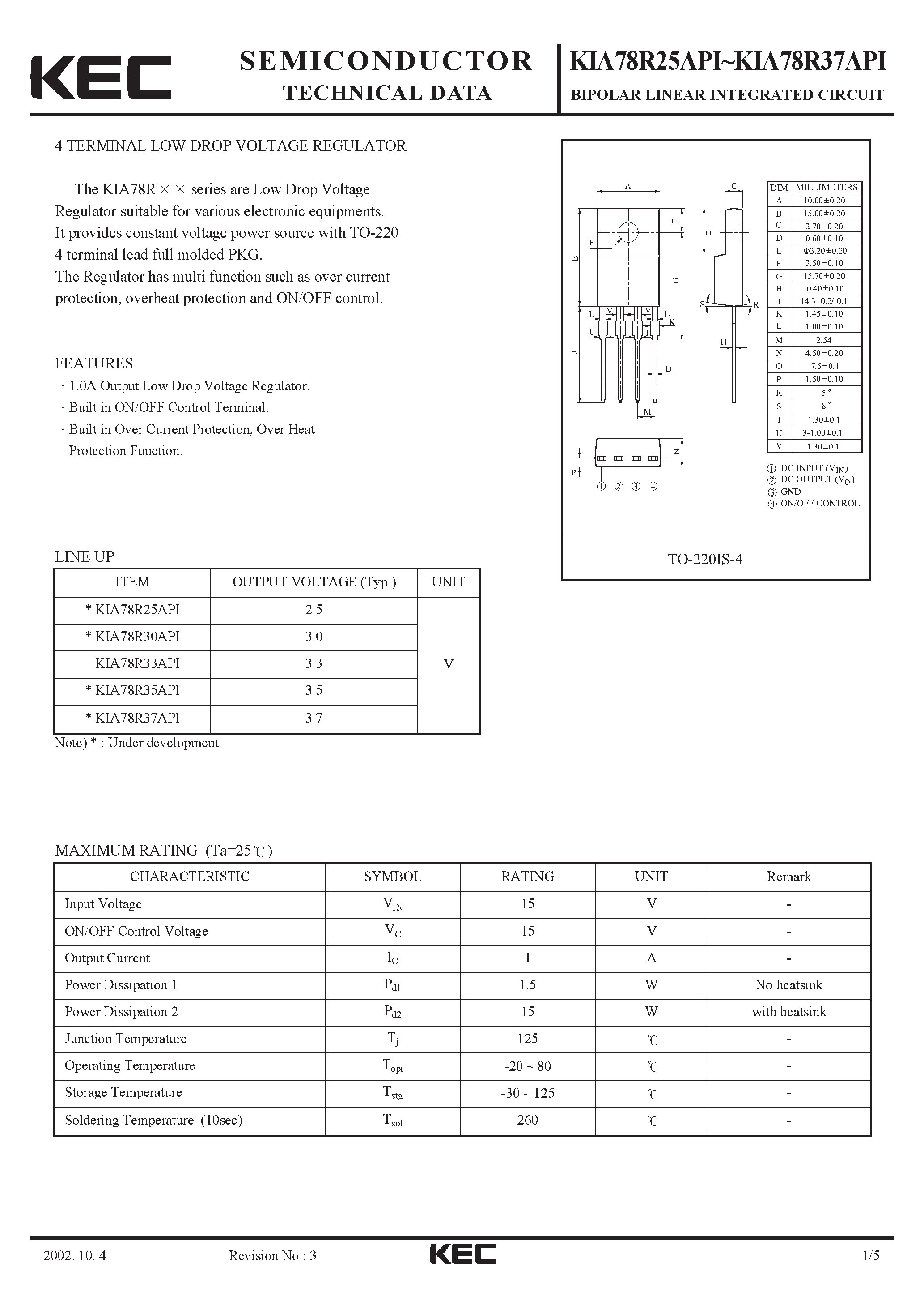 Datasheet KIA78R30API - BIPOLAR LINEAR INTEGRATED CIRCUIT (4 TERMINAL LOW DROP VOLTAGE REGULATOR) page 1