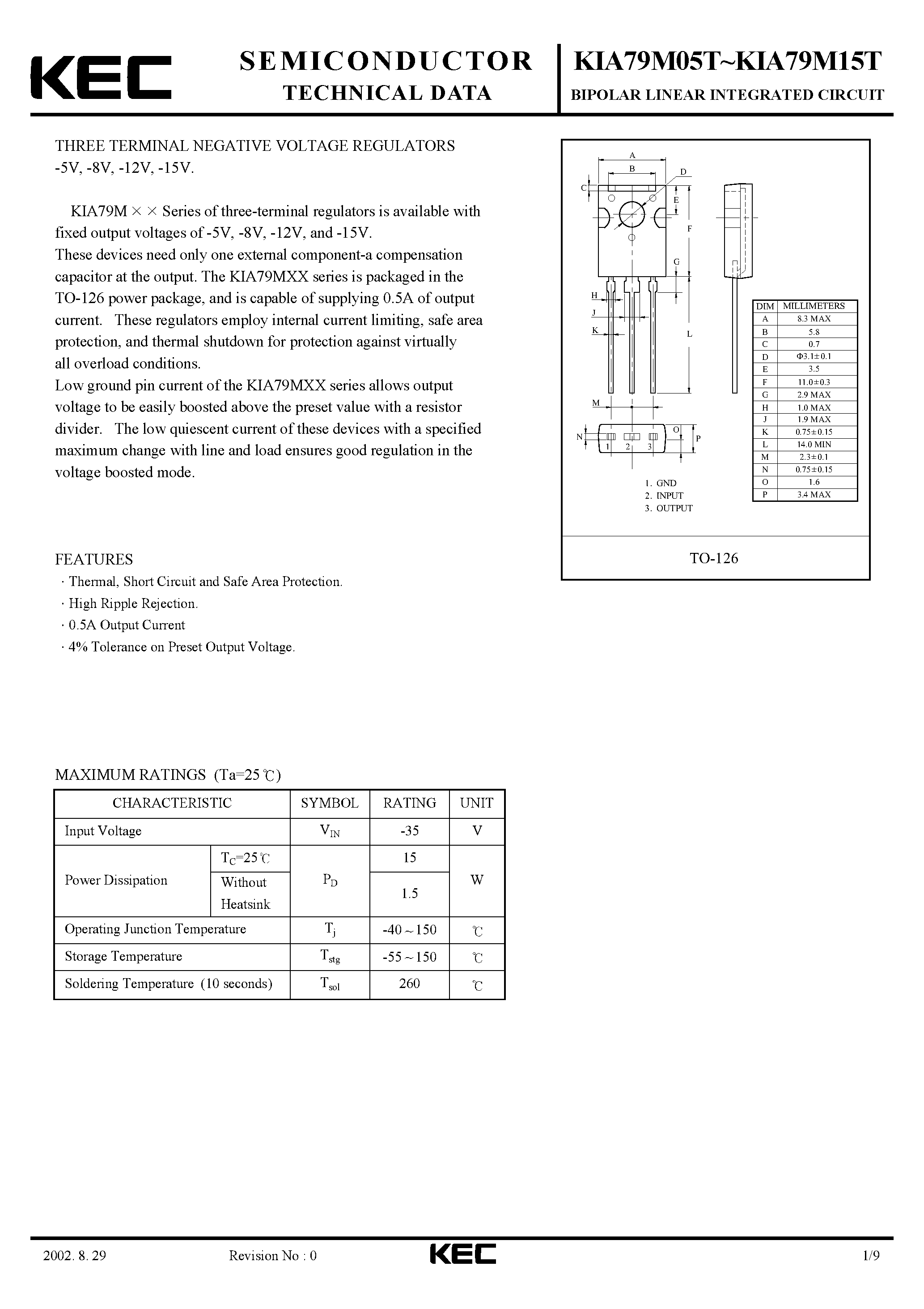 Даташит KIA79M05T - BIPOLAR LINEAR INTEGRATED CIRCUIT (THREE TERMINAL NEGATIVE VOLTAGE REGULATORS) страница 1