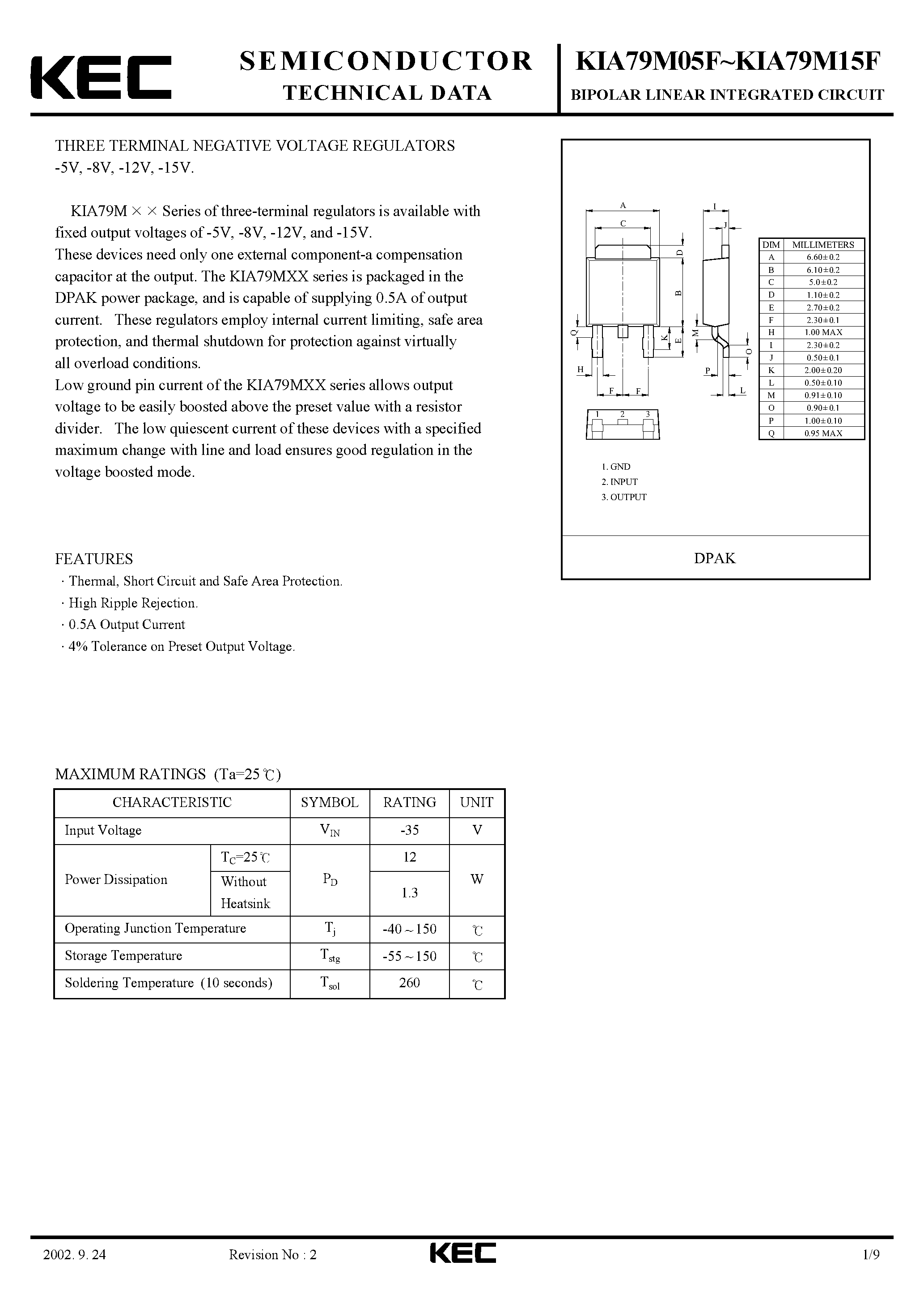 Даташит KIA79M12F - BIPOLAR LINEAR INTEGRATED CIRCUIT (THREE TERMINAL POSITIVE VOLTAGE REGULATORS) страница 1