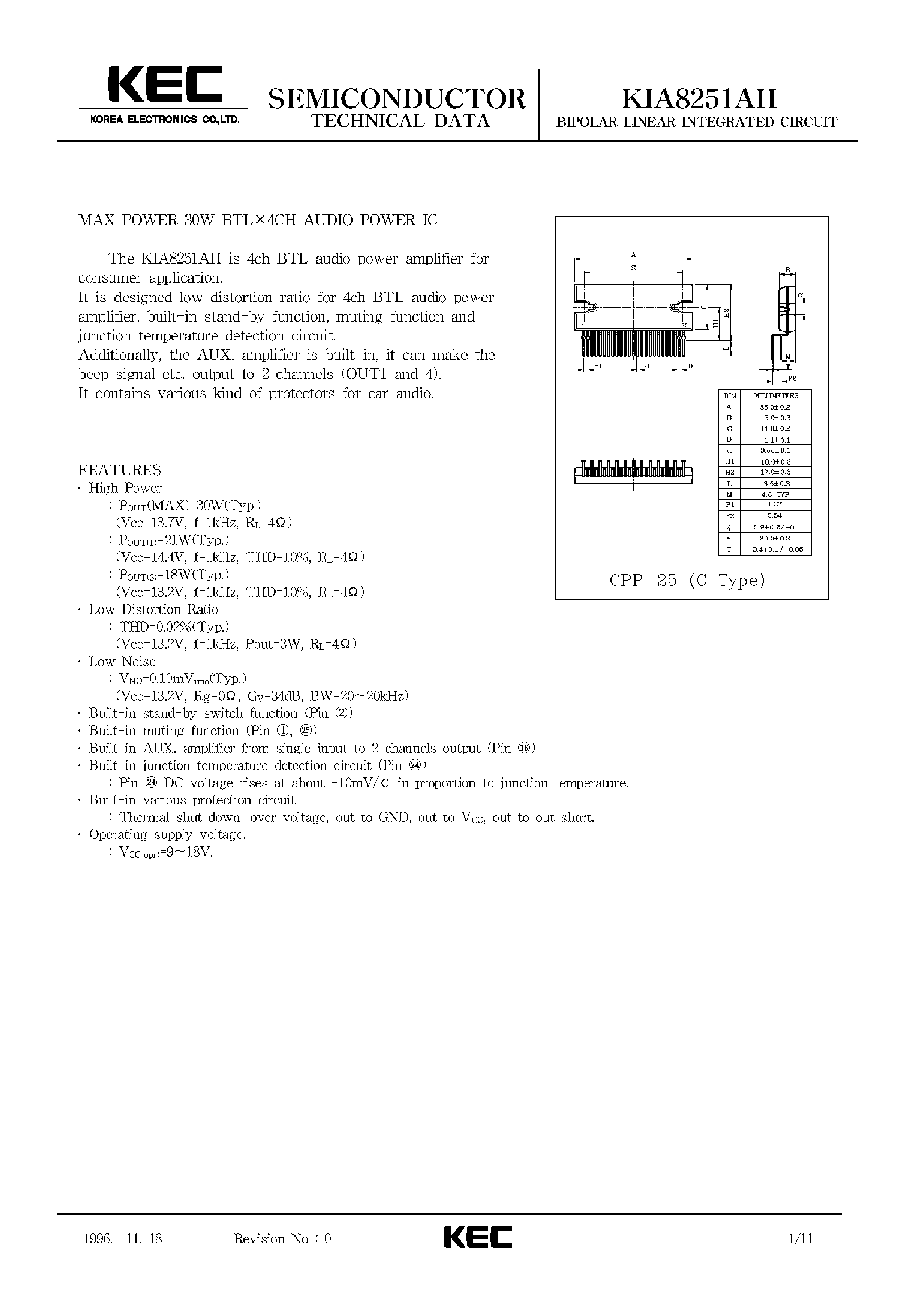 Даташит KIA8251AH - BIPOLAR LINEAR INTEGRATED CIRCUIT (MAX POWER 30W BTL X 4CH AUDIO POWER IC) страница 1