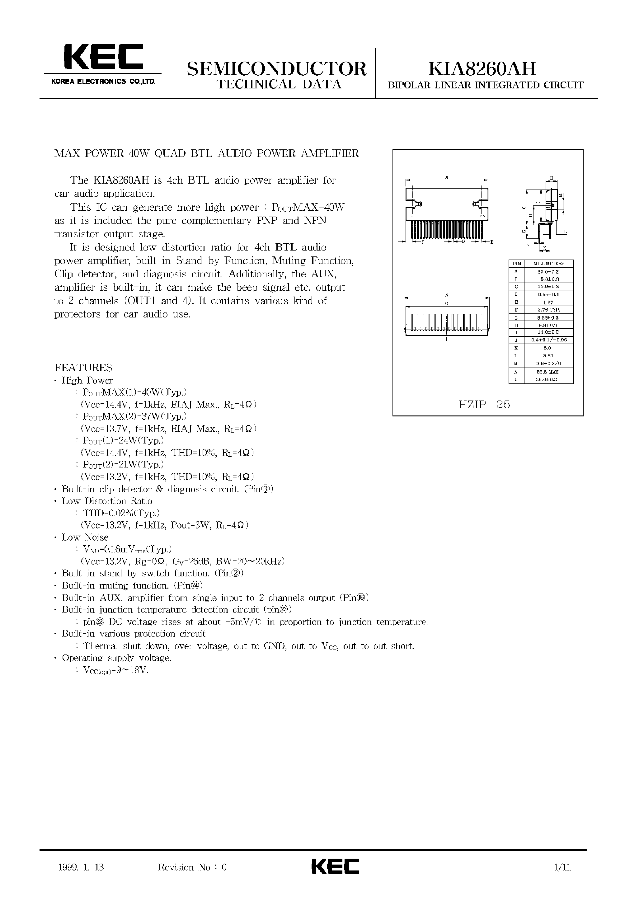 Даташит KIA8260AH - BIPOLAR LINEAR INTEGRATED CIRCUIT (MAX POWER 40W QUAD BTL AUDIO POWER AMPLIFIER) страница 1