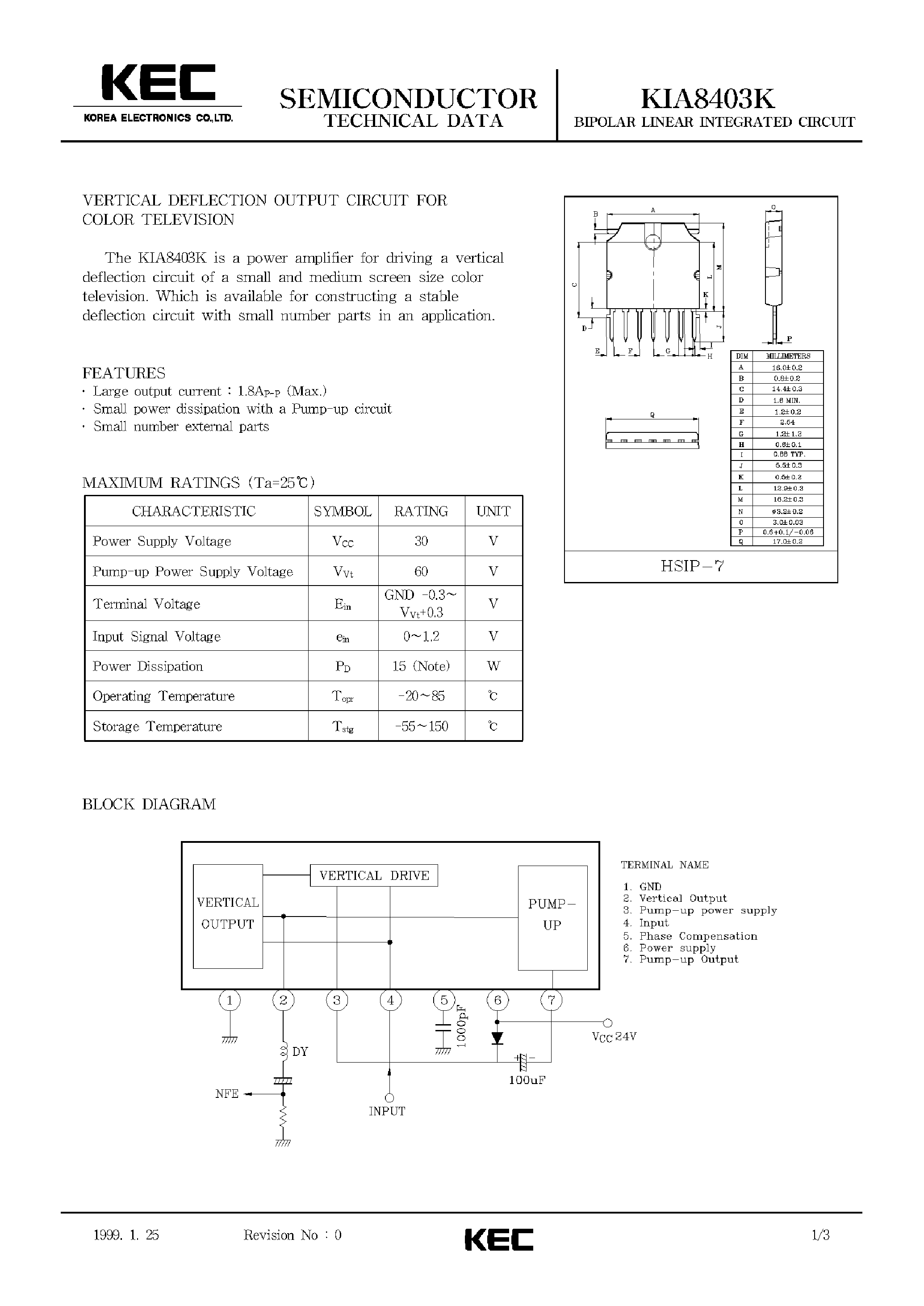 Datasheet KIA8403K - BIPOLAR LINEAR INTEGRATED CIRCUIT (VERTICAL DEFLECTION OUTPUT CIRCUIT FOR COLOR TELEVISION) page 1