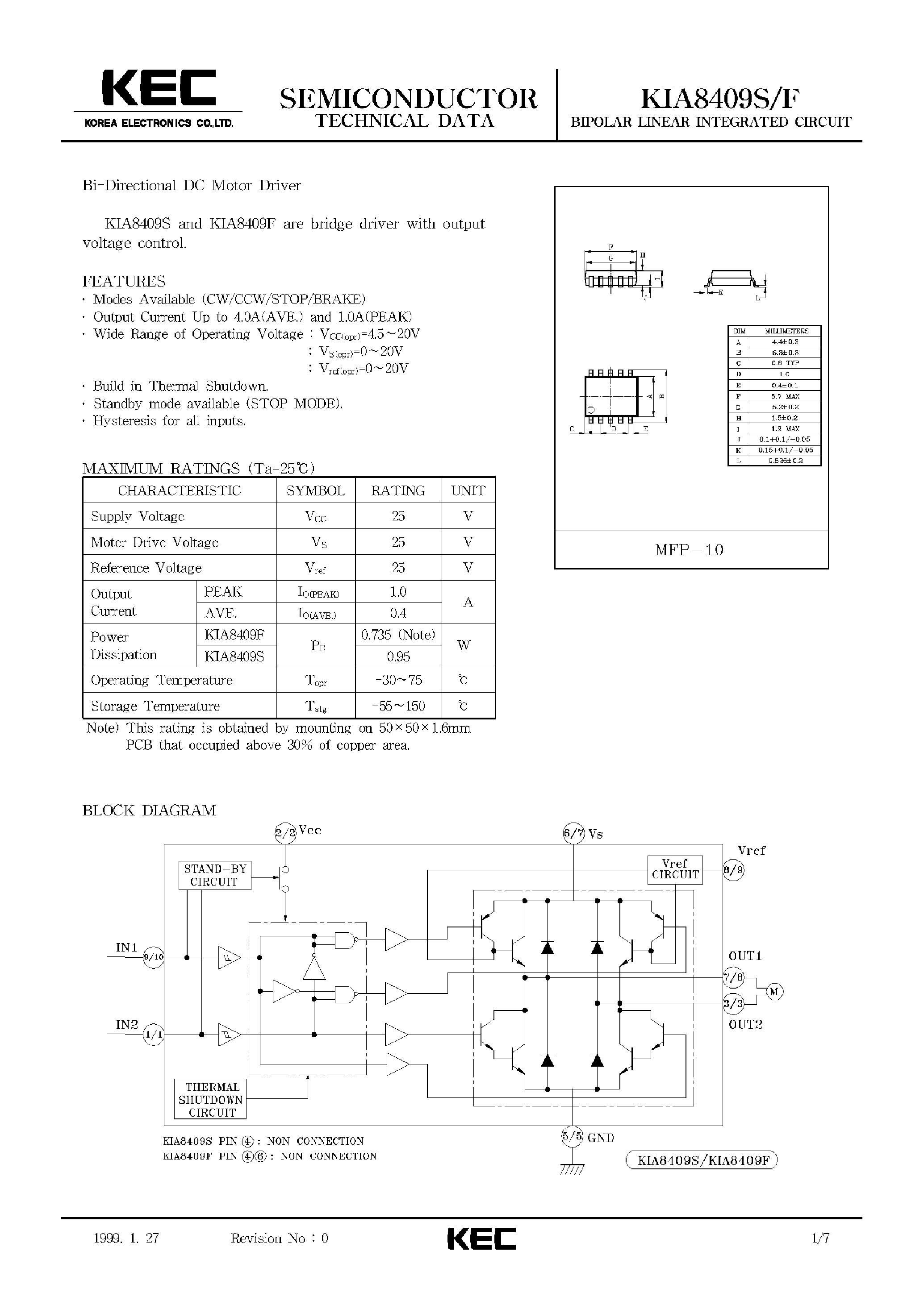 Даташит KIA8409F - BIPOLAR LINEAR INTEGRATED CIRCUIT (BI-DIRECTIONAL DC MOTOR DRIVER) страница 1