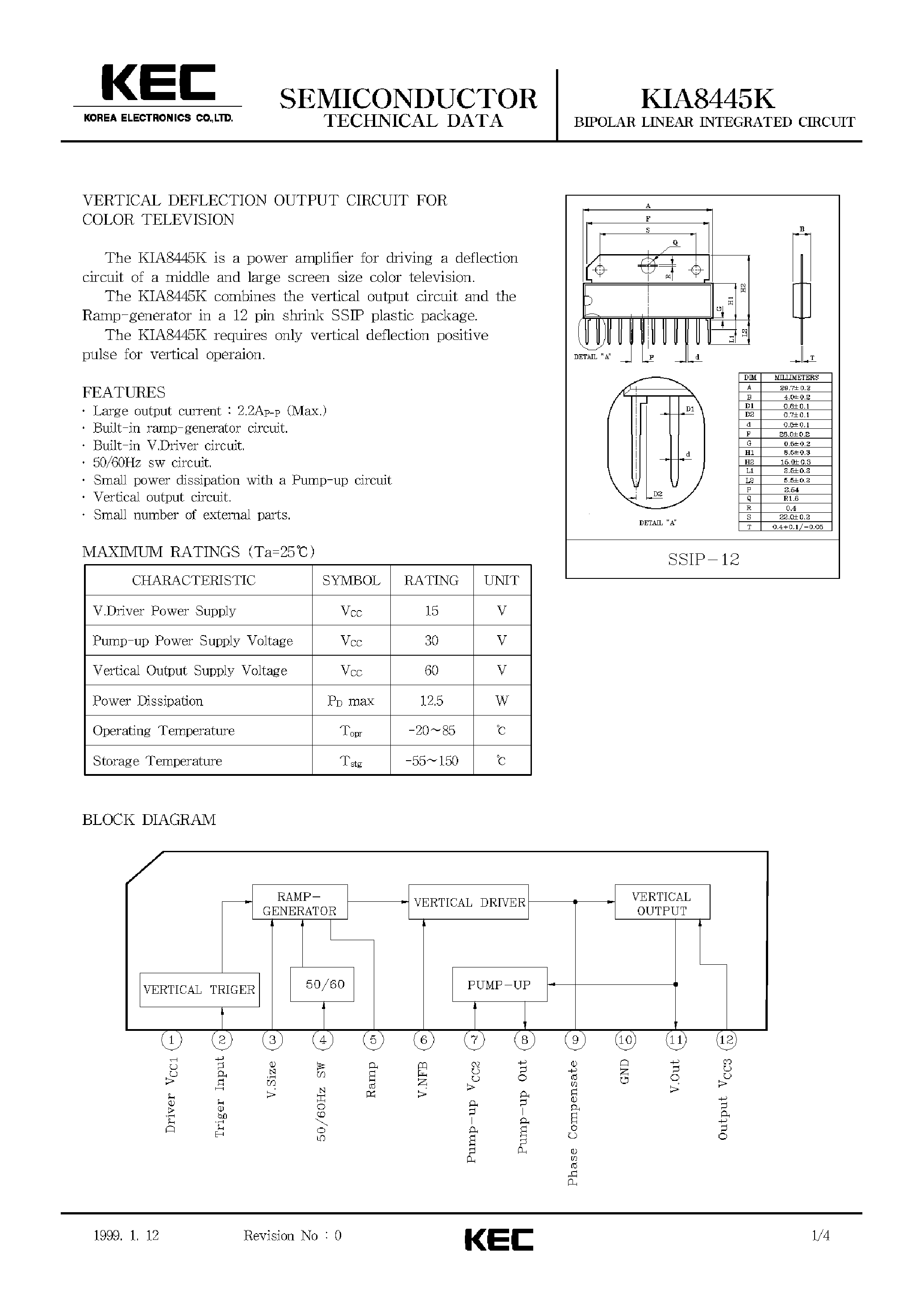 Datasheet KIA8445 - BIPOLAR LINEAR INTEGRATED CIRCUIT (VERTICAL DEFLECTION OUTPUT CIRCUIT FOR COLOR TELEVISION) page 1
