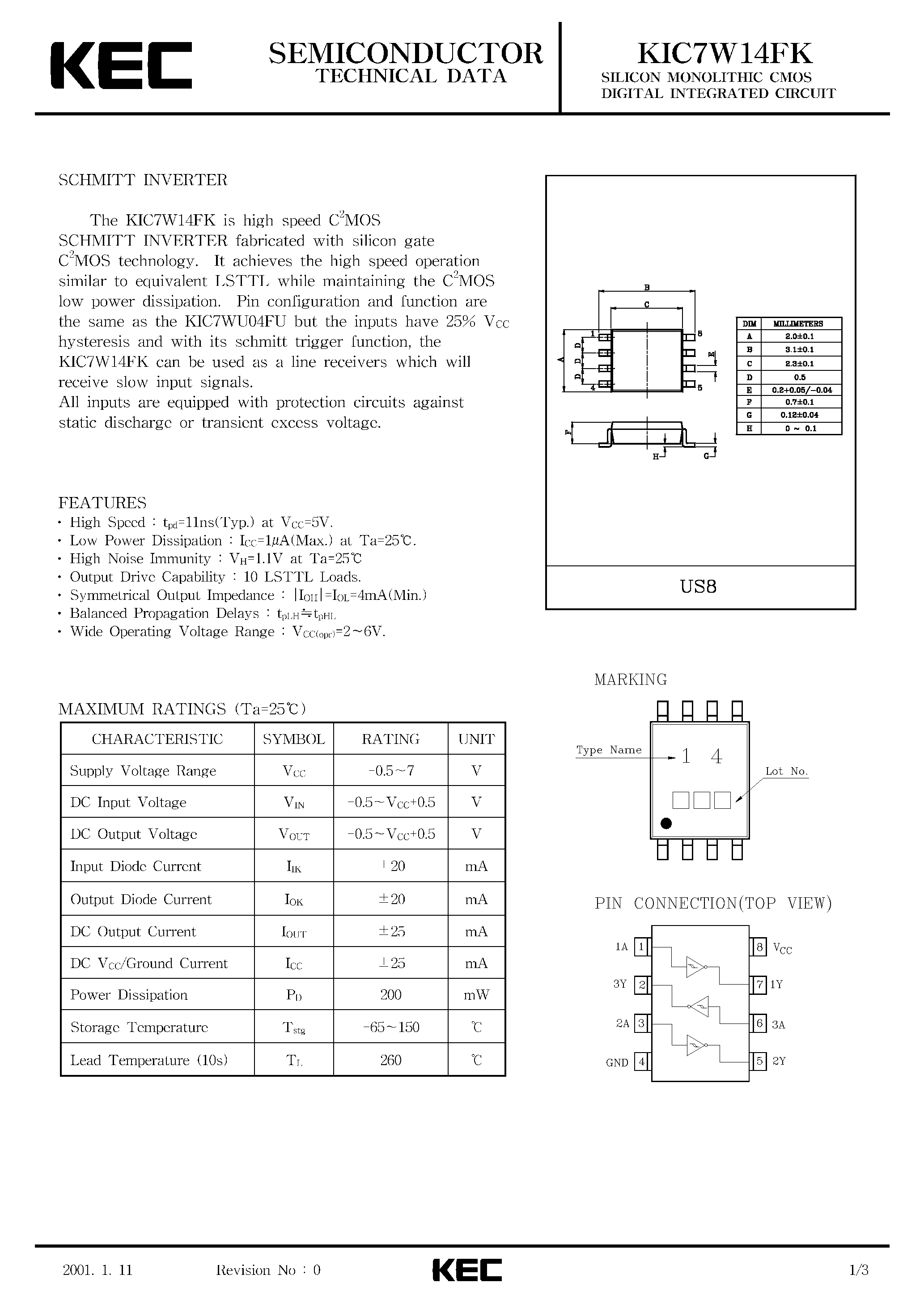 Datasheet KIC714FK - SILICON MONOLITHIC CMOS DIGITAL INTEGRATED CIRCUIT (SCHMITT INVERTER) page 1