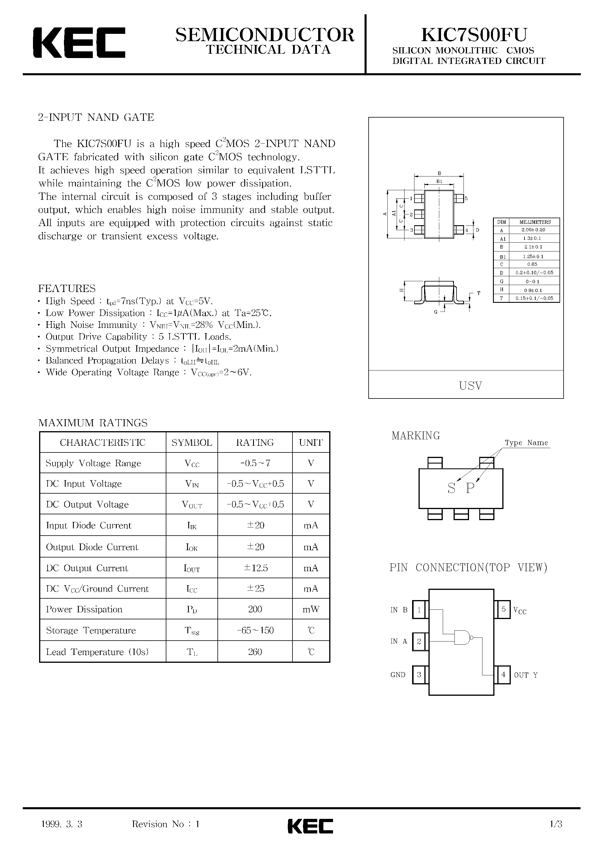 Datasheet KIC7S00FU - SILICON MONOLITHIC CMOS DIGITAL INTEGRATED CIRCUIT(2-INPUT NAND GATE) page 1