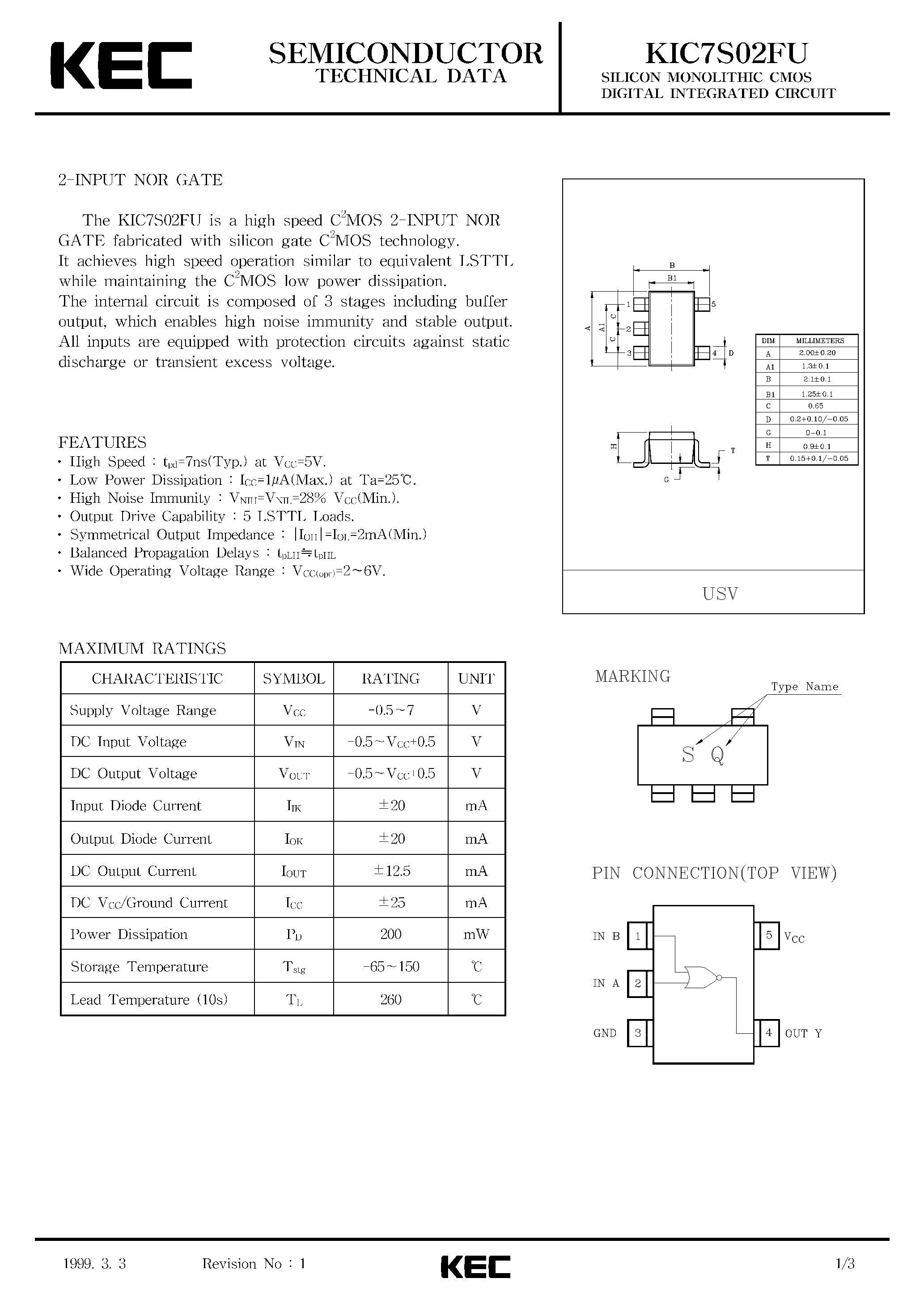 Даташит KIC7S02FU - SILICON MONOLITHIC CMOS DIGITAL INTEGRATED CIRCUIT(2-INPUT NOR GATE) страница 1