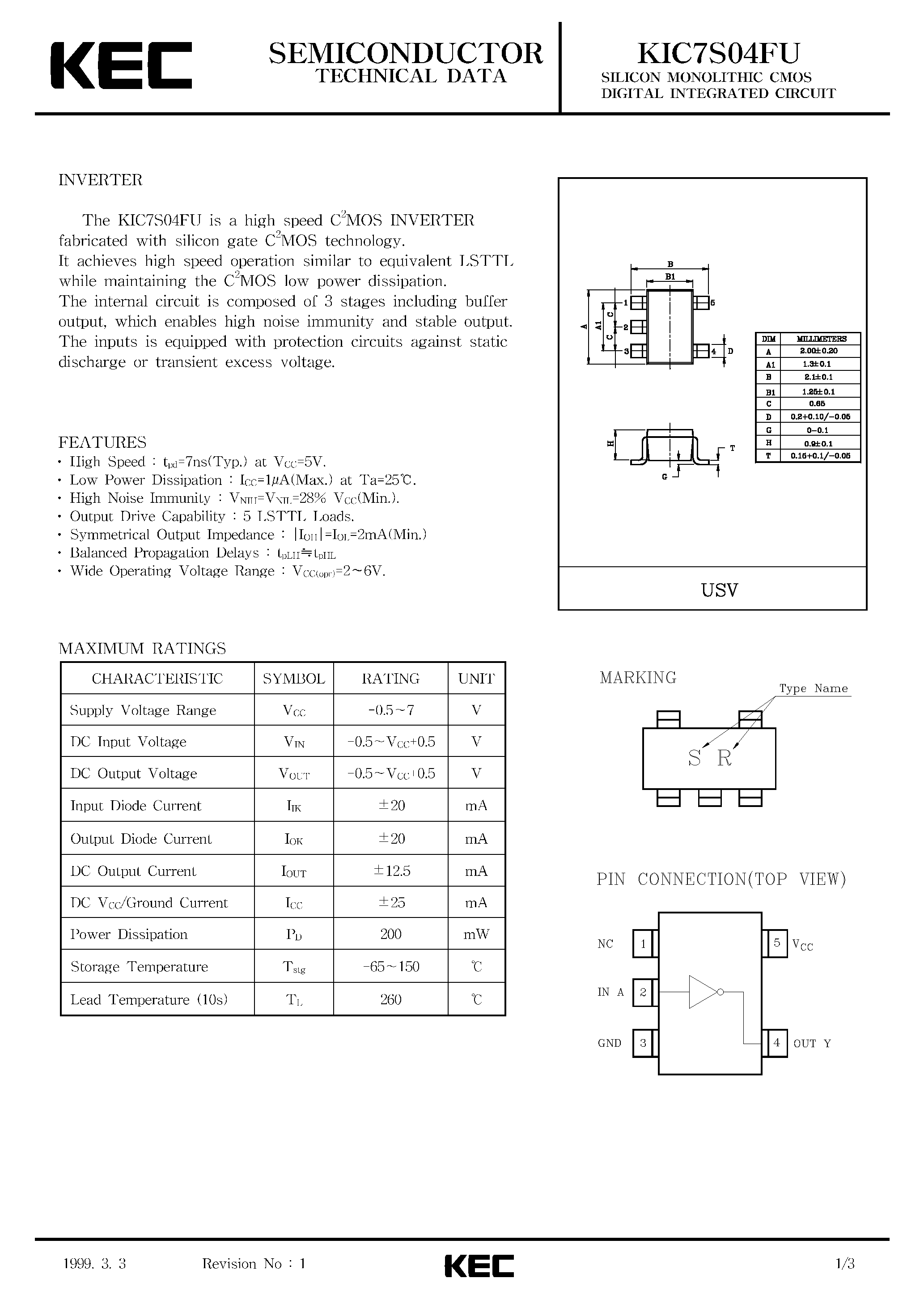 Даташит KIC7S04FU - SILICON MONOLITHIC CMOS DIGITAL INTEGRATED CIRCUIT(INVERTER) страница 1
