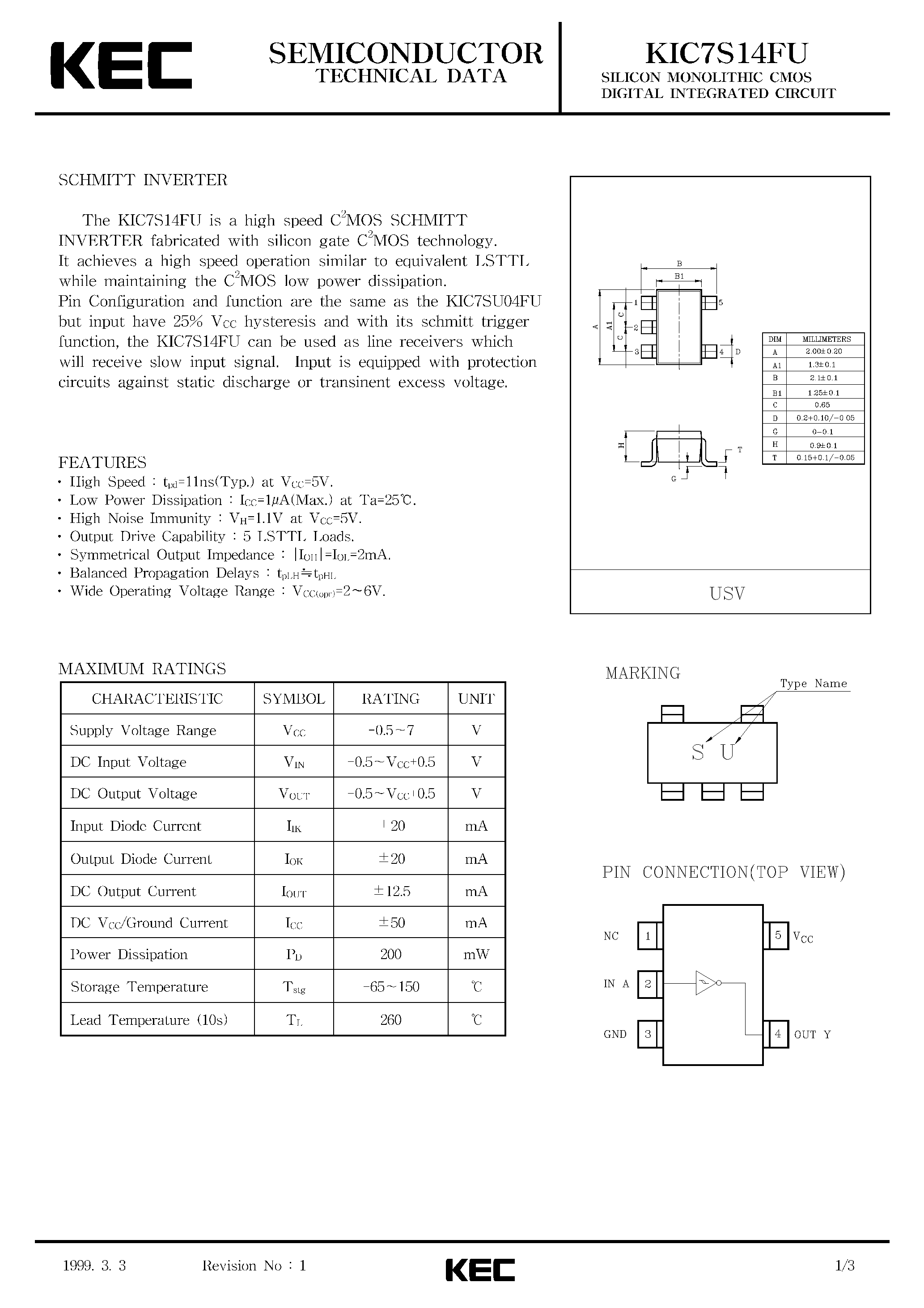 Даташит KIC7S14FU - SILICON MONOLITHIC CMOS DIGITAL INTEGRATED CIRCUIT (SCHMITT INVERTER) страница 1