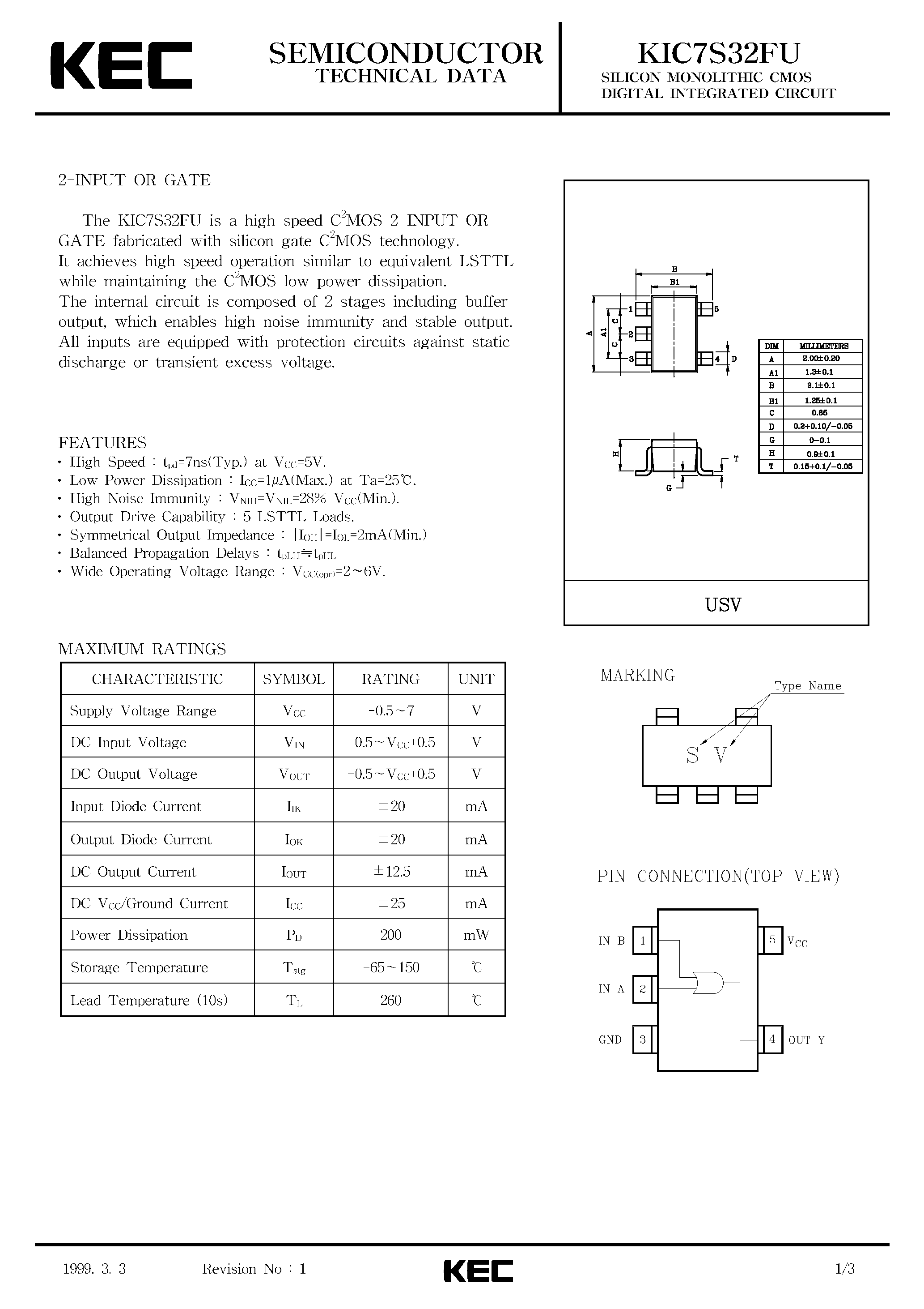 Datasheet KIC7S32FU - SILICON MONOLITHIC CMOS DIGITAL INTEGRATED CIRCUIT(2-INPUT OR GATE) page 1