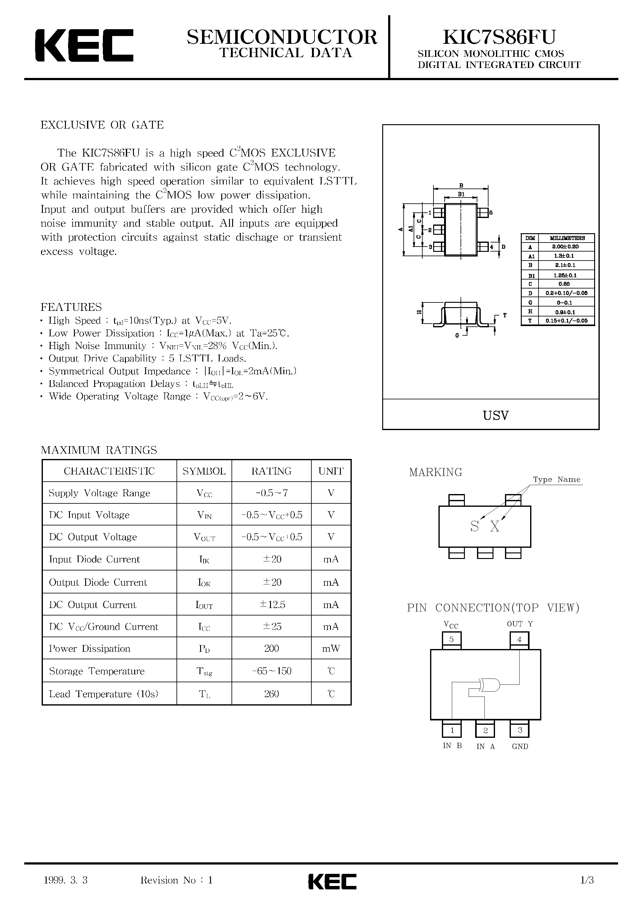 Datasheet KIC7S86 - SILICON MONOLITHIC CMOS DIGITAL INTEGRATED CIRCUIT(EXCLUSIVE OR GATE) page 1