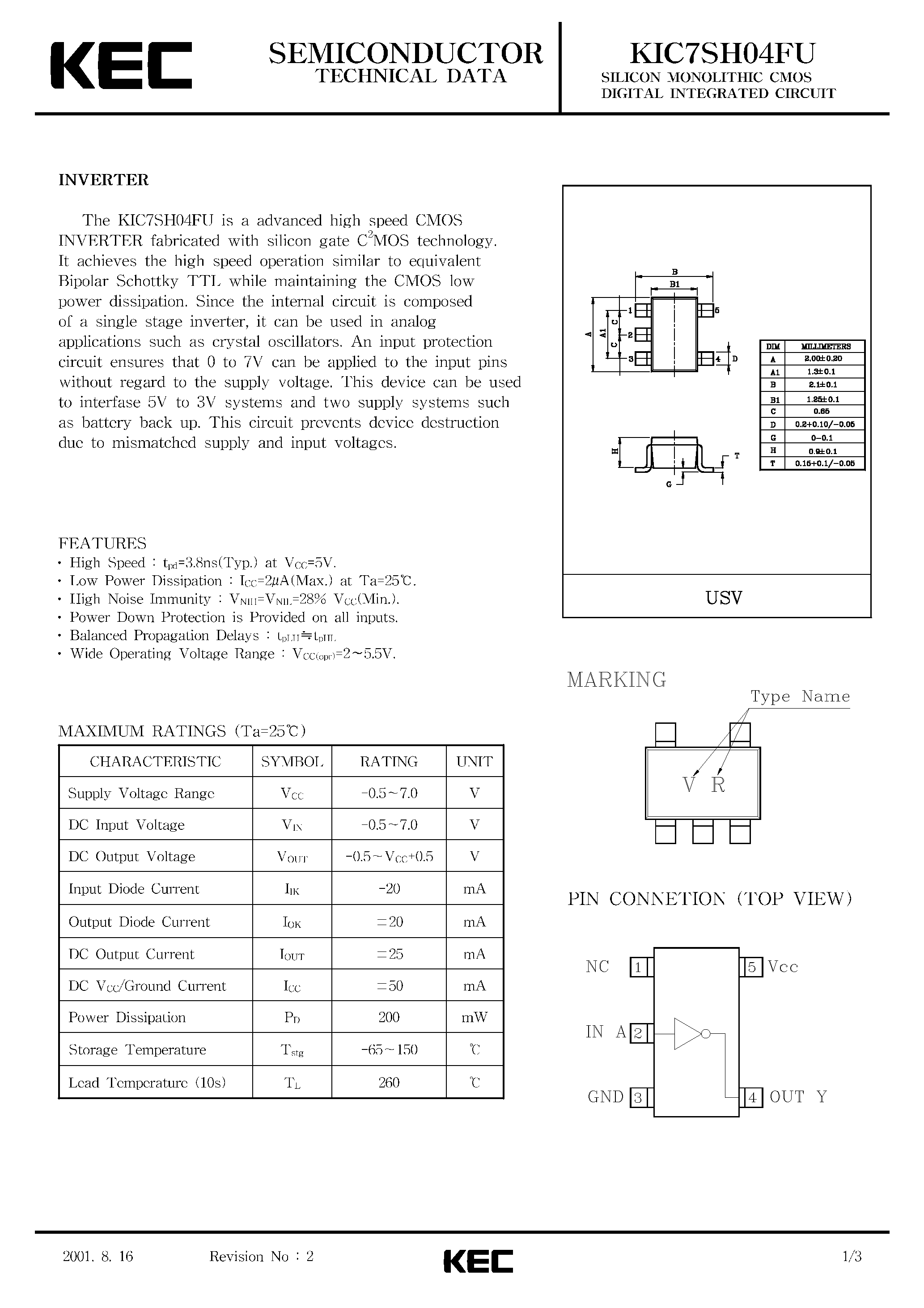 Datasheet KIC7SH04FU - SILICON MONOLITHIC CMOS DIGITAL INTEGRATED CIRCUIT(INVERTER) page 1