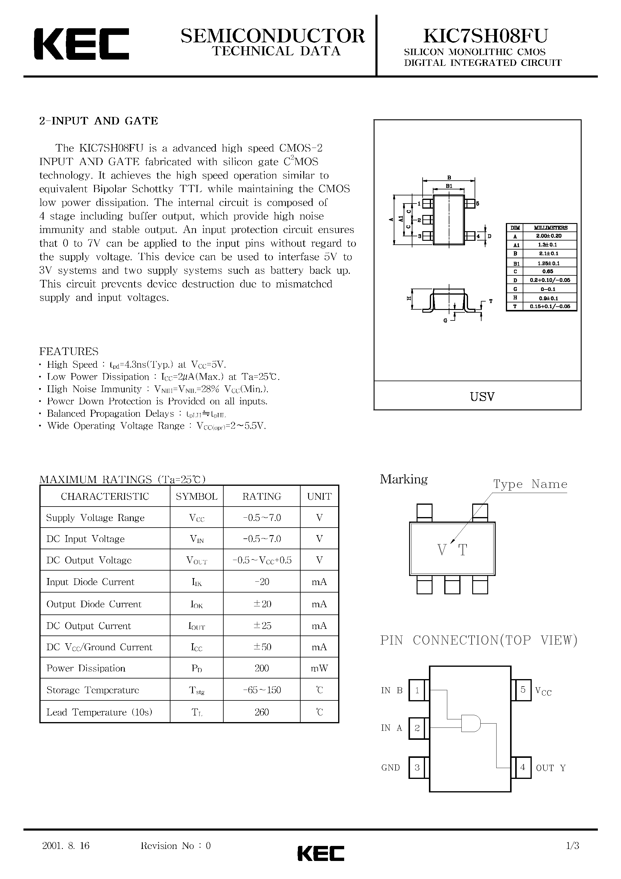 Datasheet KIC7SH08FU - SILICON MONOLITHIC CMOS DIGITAL INTEGRATED CIRCUIT(2-INPUT AND GATE) page 1