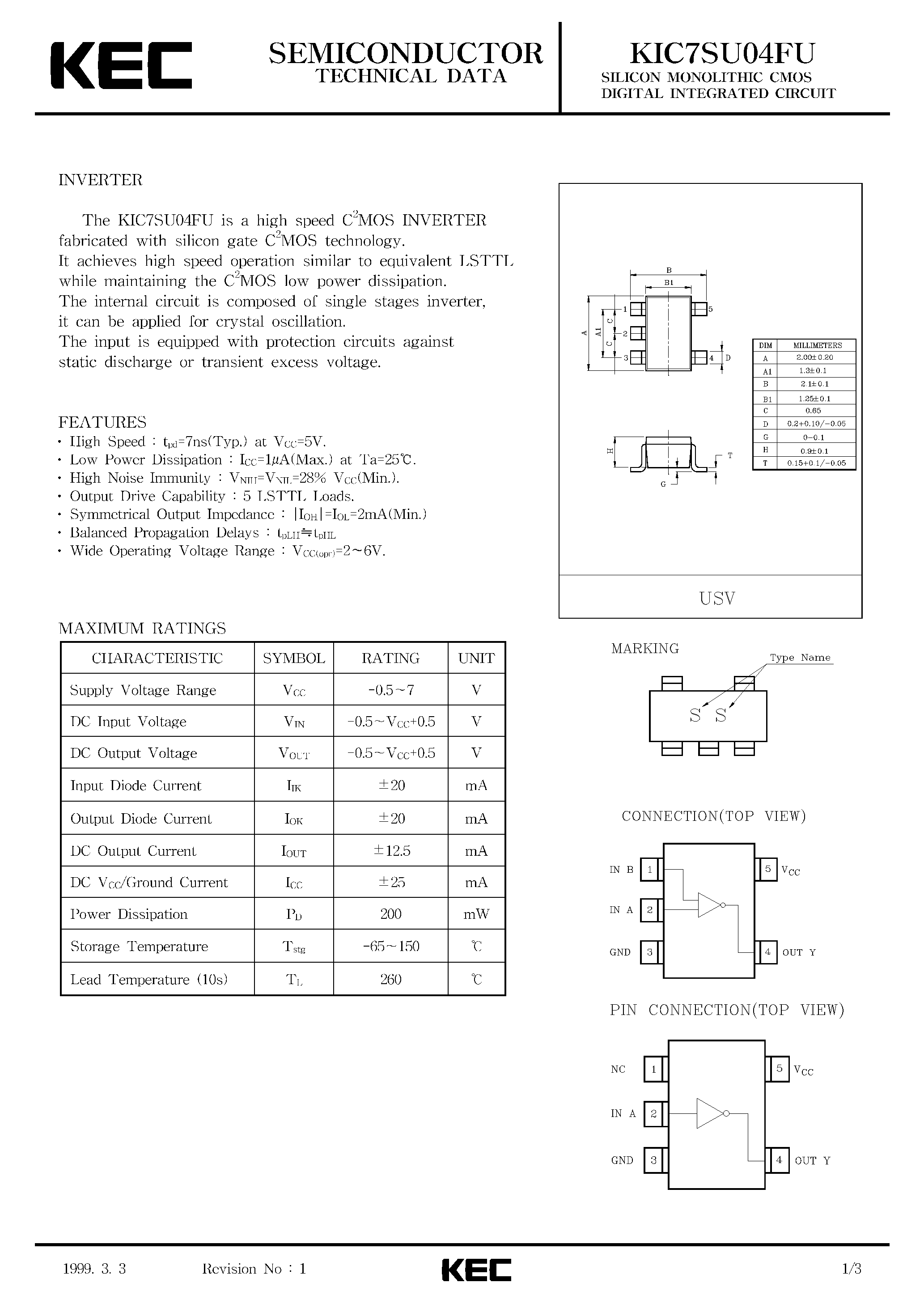 Datasheet KIC7SU04FU - SILICON MONOLITHIC CMOS DIGITAL INTEGRATED CIRCUIT(INVERTER) page 1