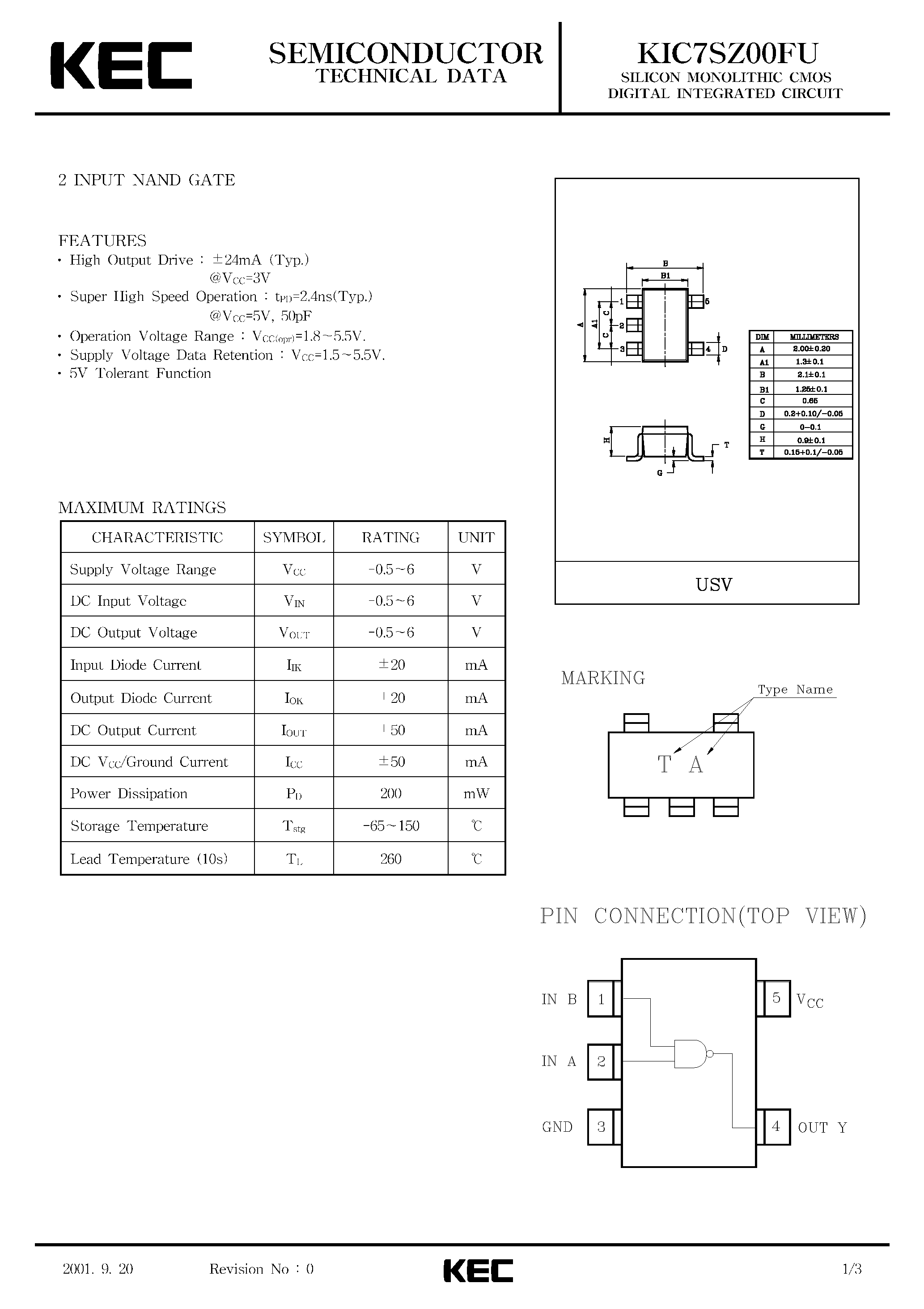 Datasheet KIC7SZ00FU - SILICON MONOLITHIC CMOS DIGITAL INTEGRATED CIRCUIT(2-INPUT NAND GATE) page 1