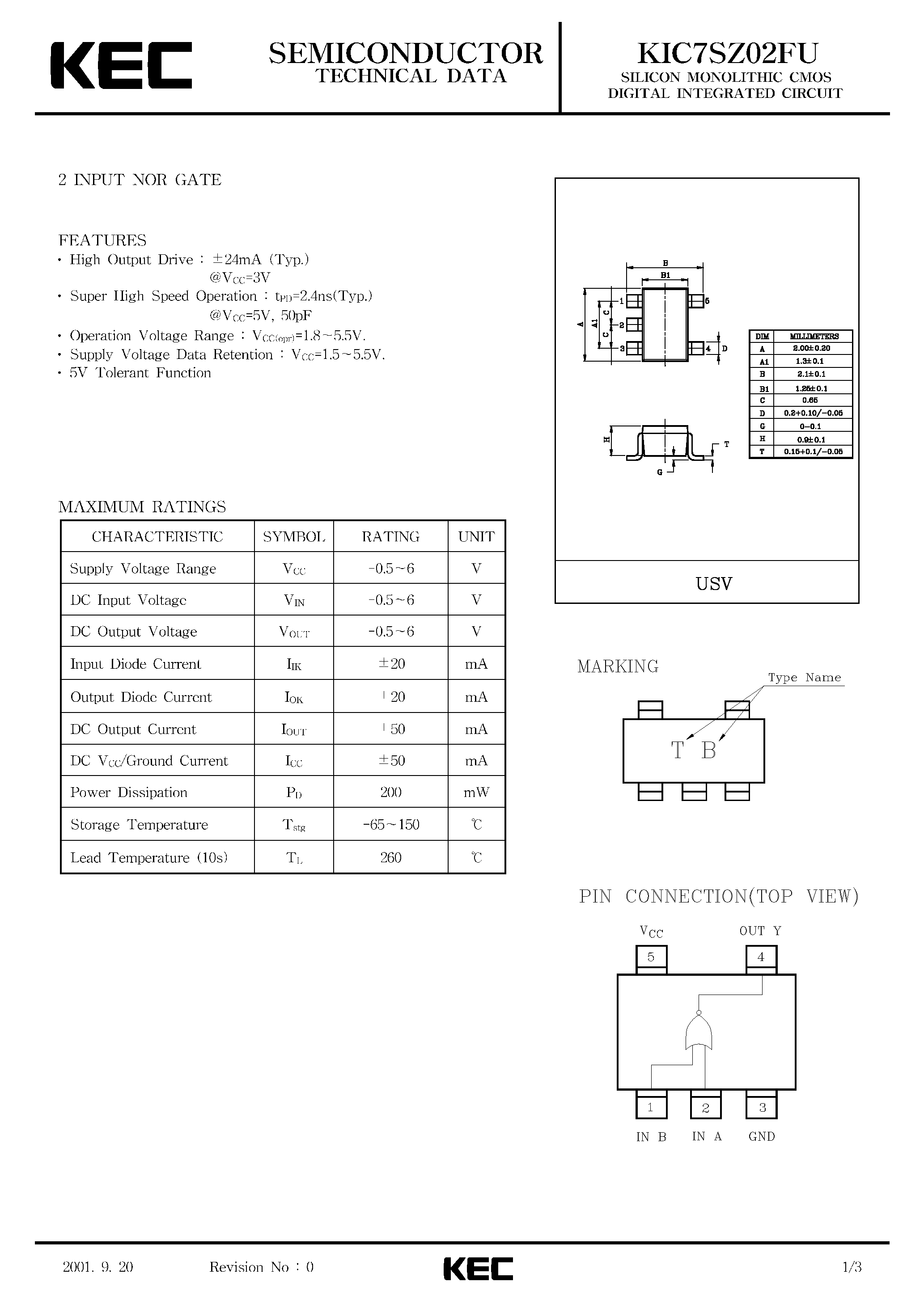 Даташит KIC7SZ02FU - SILICON MONOLITHIC CMOS DIGITAL INTEGRATED CIRCUIT(2-INPUT NOR GATE) страница 1