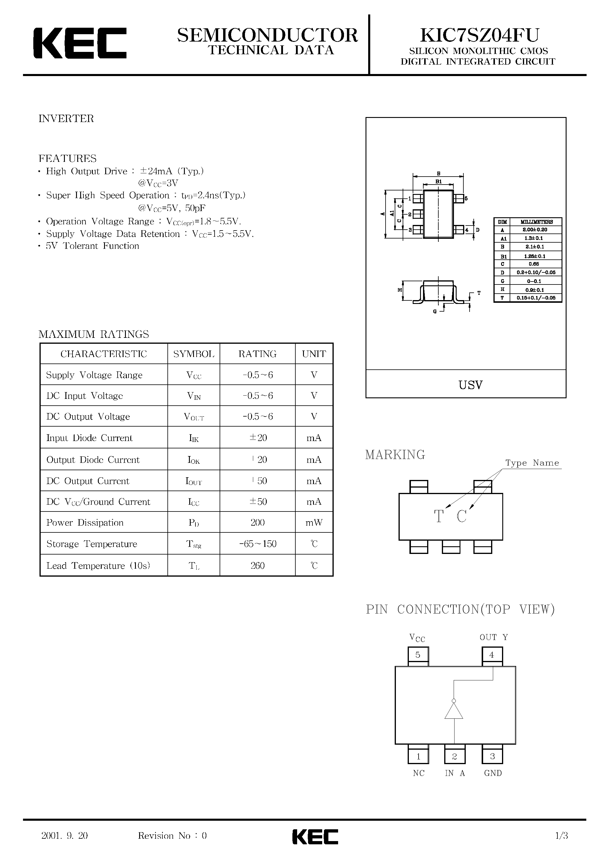 Datasheet KIC7SZ04FU - SILICON MONOLITHIC CMOS DIGITAL INTEGRATED CIRCUIT(INVERTER) page 1