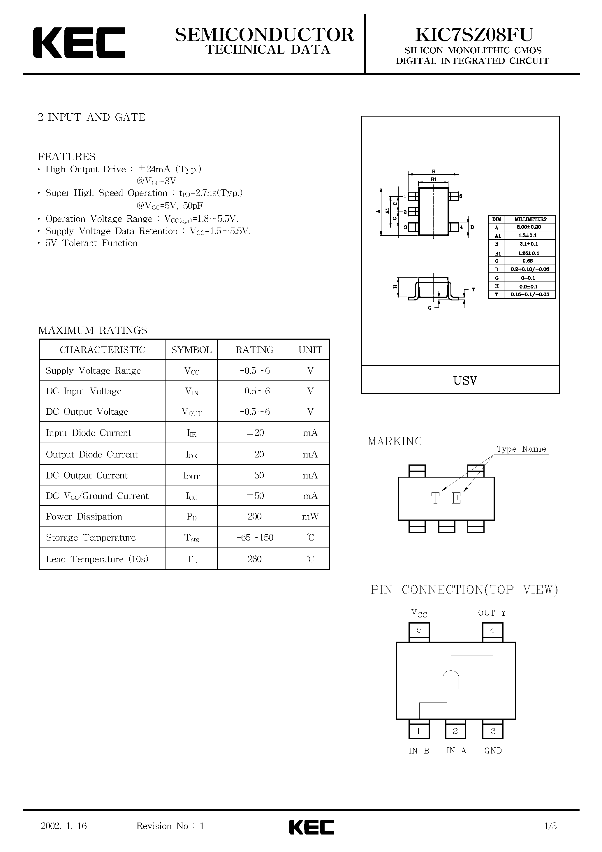 Datasheet KIC7SZ08FU - SILICON MONOLITHIC CMOS DIGITAL INTEGRATED CIRCUIT(2-INPUT AND GATE) page 1