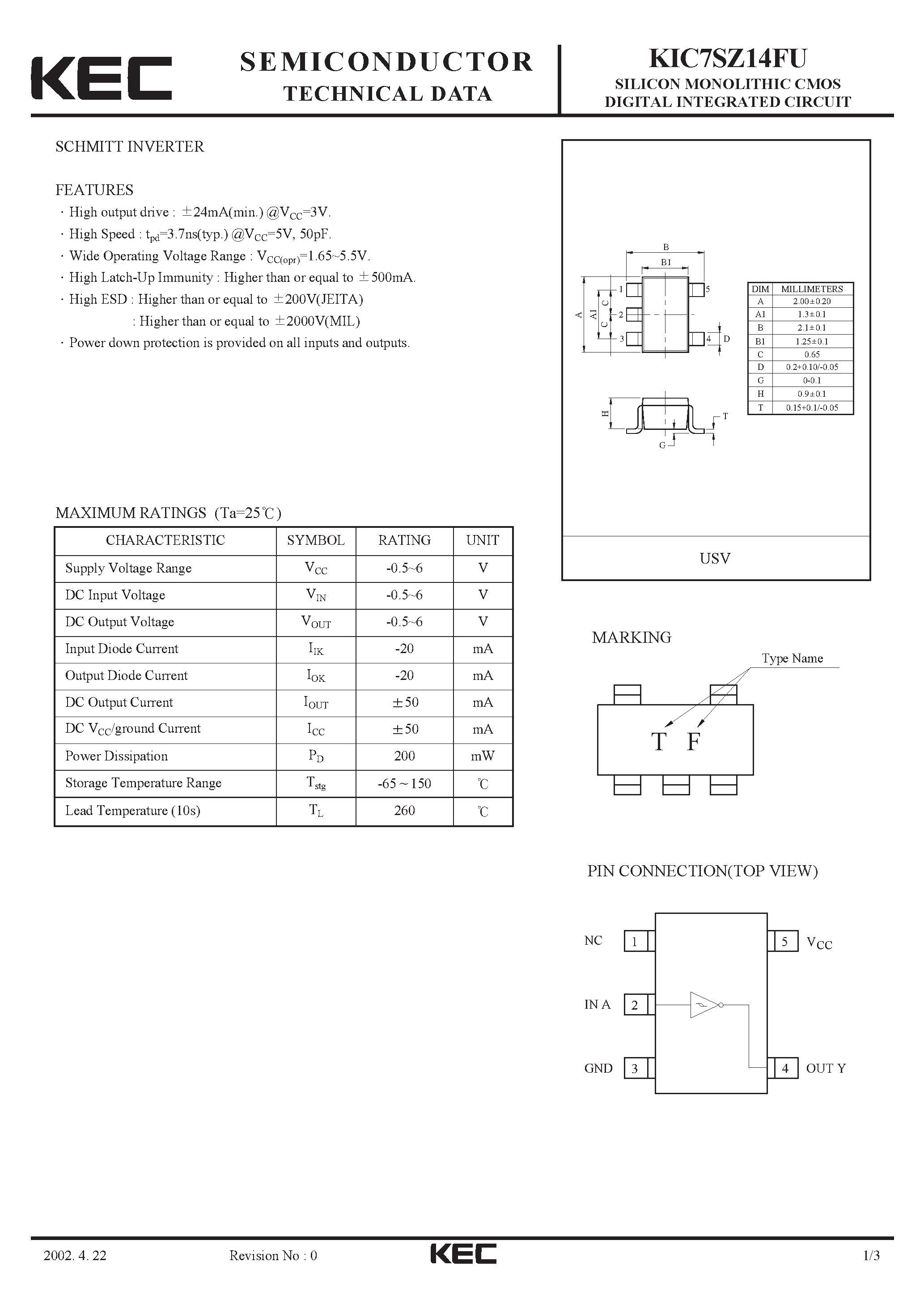 Datasheet KIC7SZ14FU - SILICON MONOLITHIC CMOS DIGITAL INTEGRATED CIRCUIT (SCHMITT INVERTER) page 1