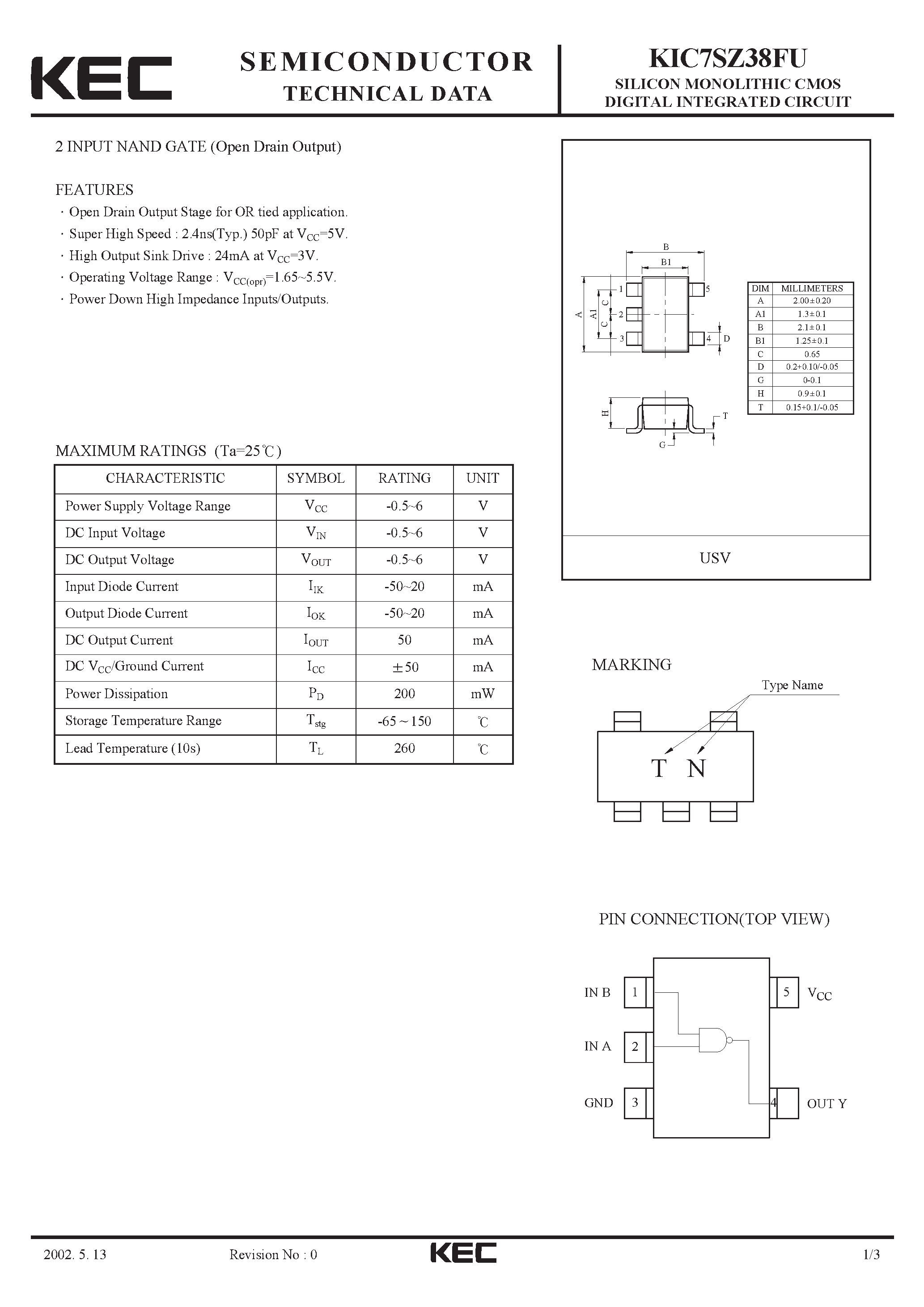 Datasheet KIC7SZ38FU - SILICON MONOLITHIC CMOS DIGITAL INTEGRATED CIRCUIT(2-INPUT NAND GATE) page 1