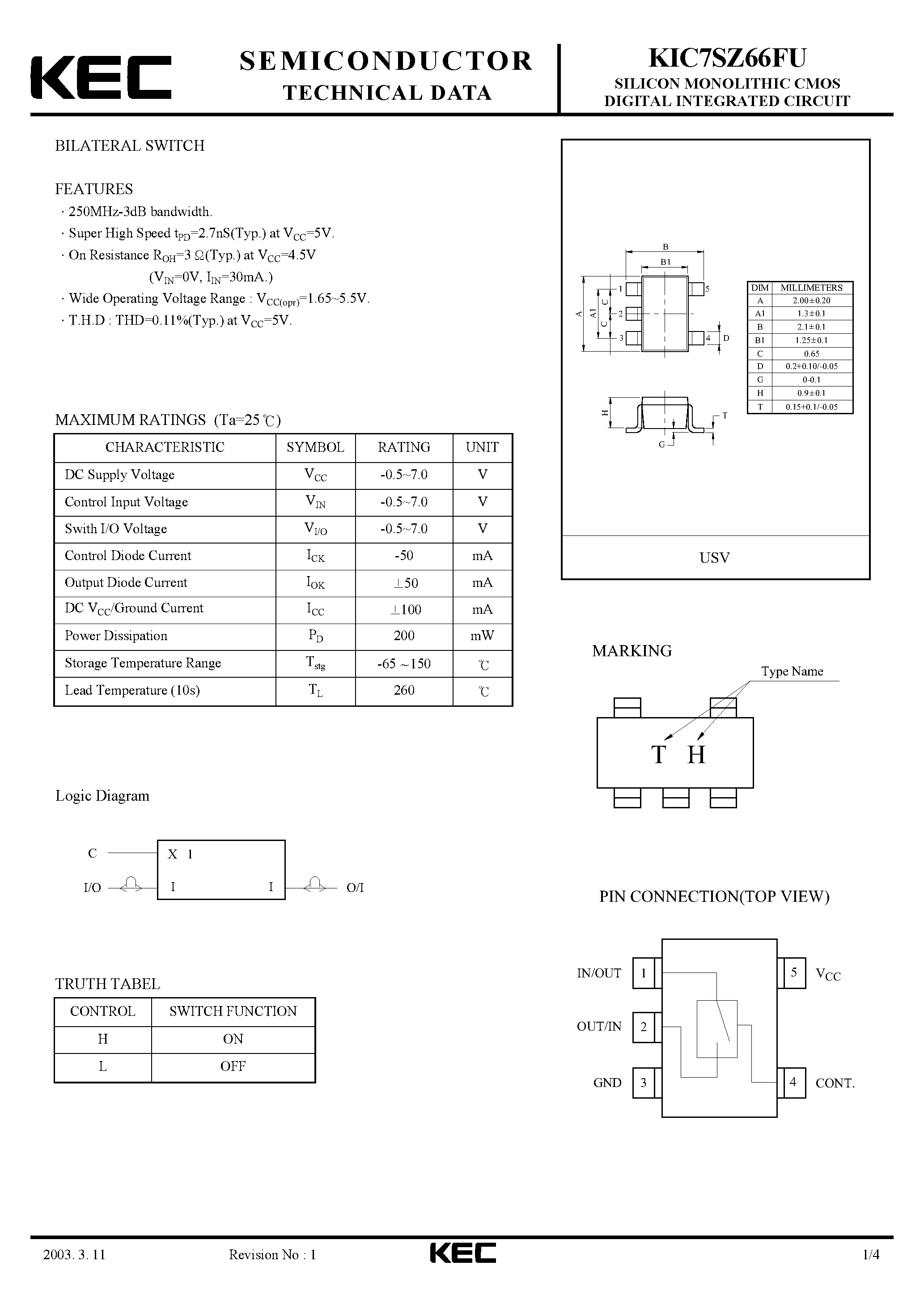 Datasheet KIC7SZ66FU - SILICON MONOLITHIC CMOS DIGITAL INTEGRATED CIRCUIT(BILATERAL SWITCH) page 1