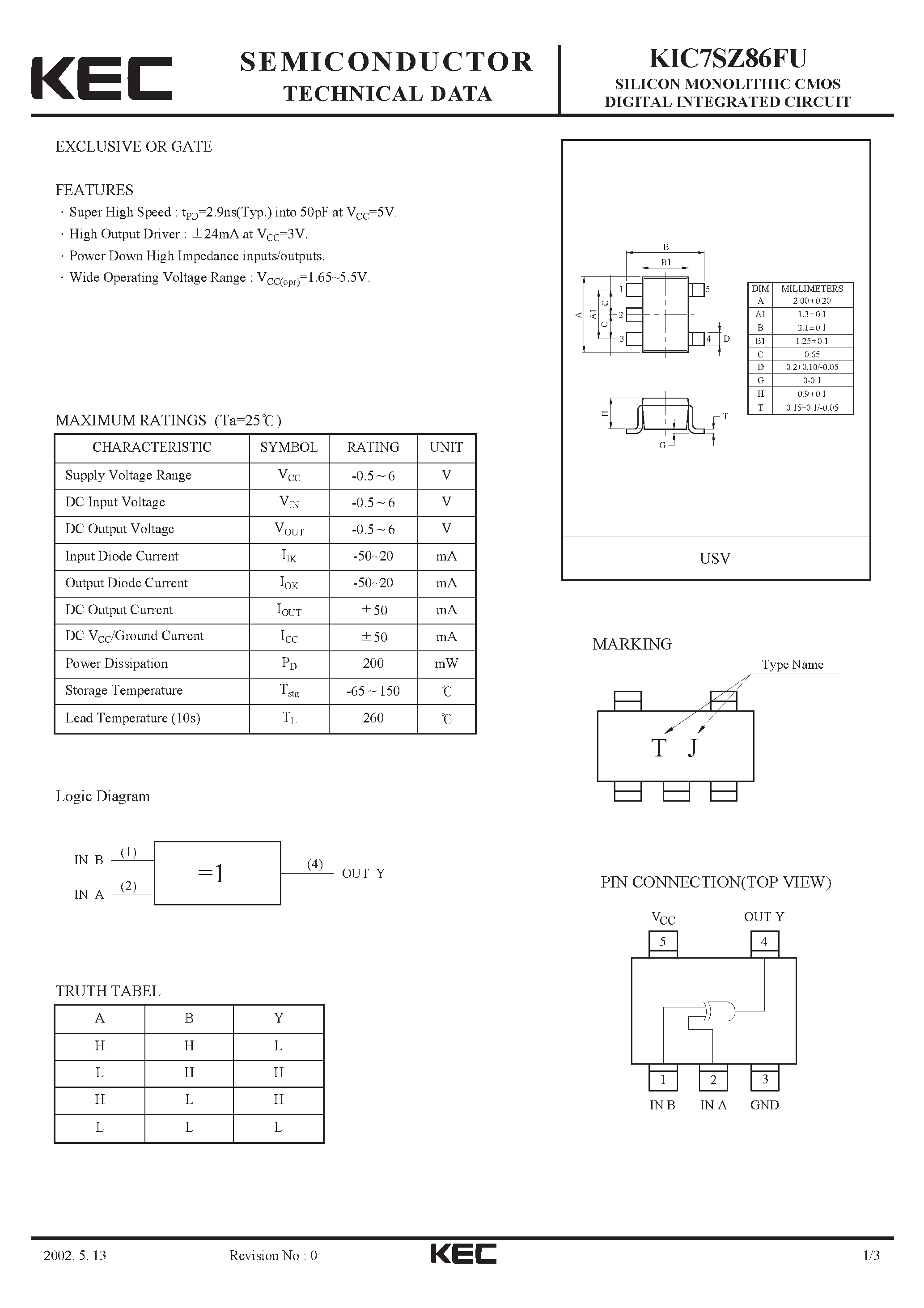 Datasheet KIC7SZ86FU - SILICON MONOLITHIC CMOS DIGITAL INTEGRATED CIRCUIT(EXCLUSIVE OR GATE) page 1