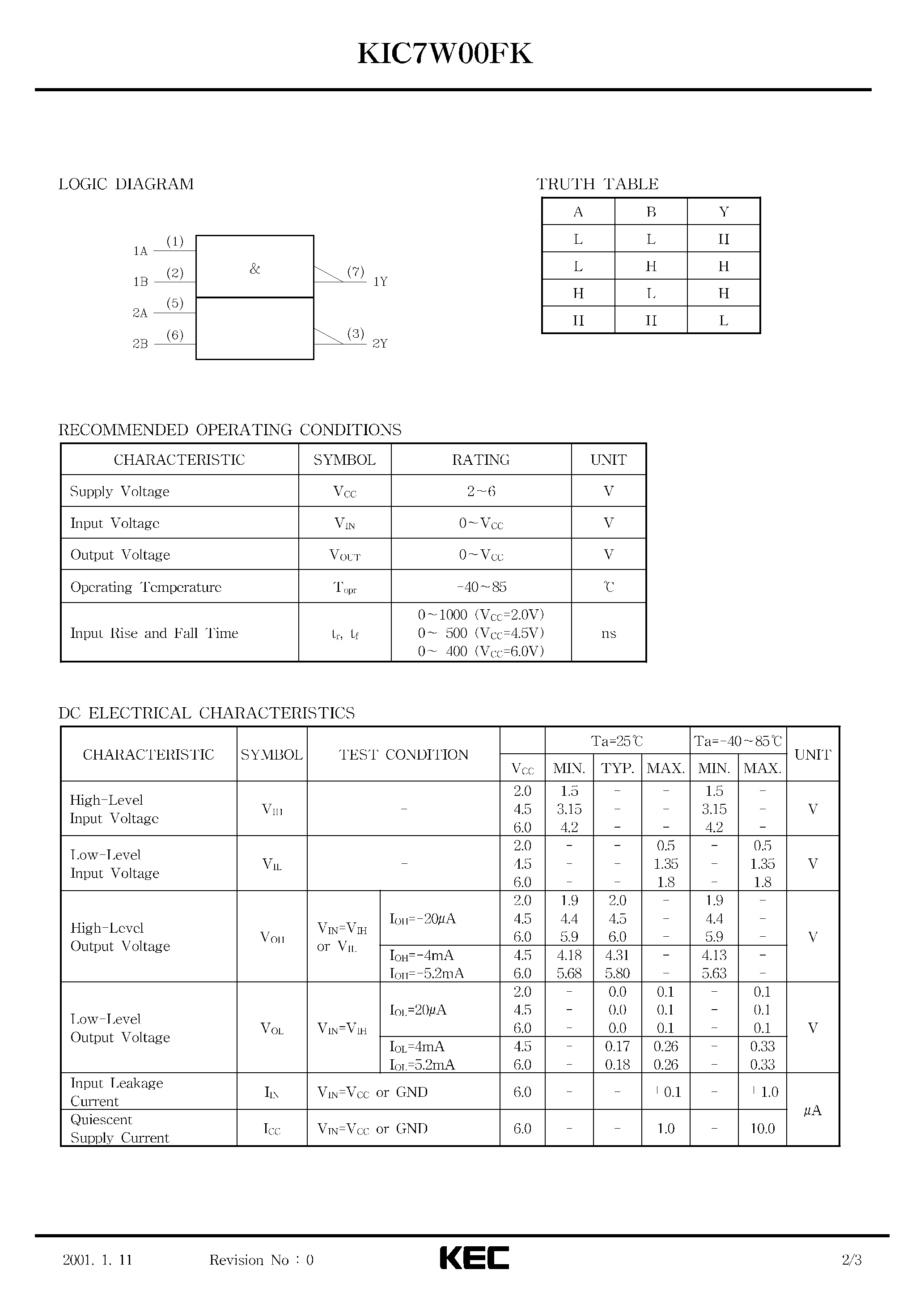 Datasheet KIC7W00FK - SILICON MONOLITHIC CMOS DIGITAL INTEGRATED CIRCUIT(DAUL 2-INPUT NAND GATE) page 2