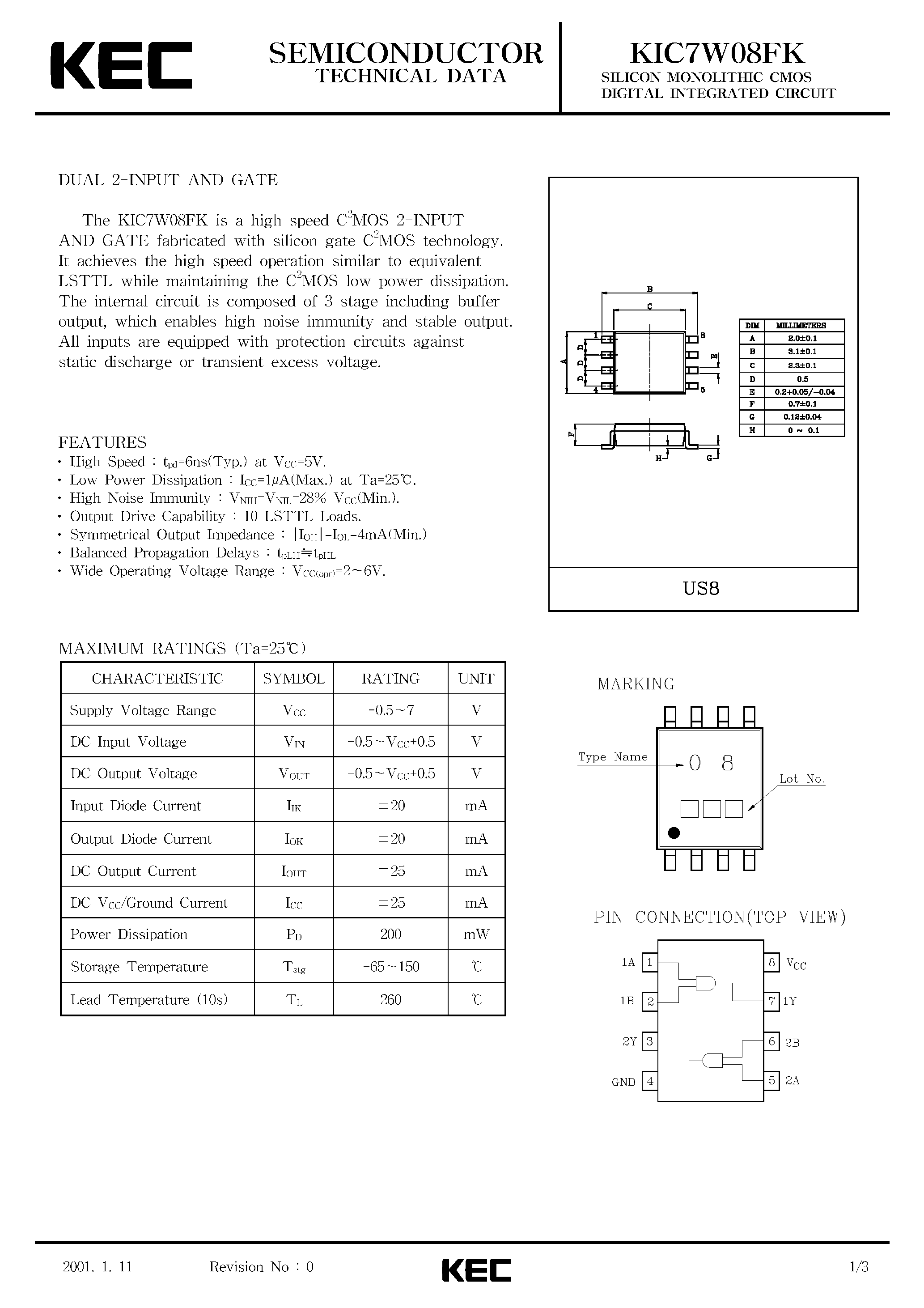 Datasheet KIC7W08FK - SILICON MONOLITHIC CMOS DIGITAL INTEGRATED CIRCUIT(DAUL 2-INPUT NAND GATE) page 1