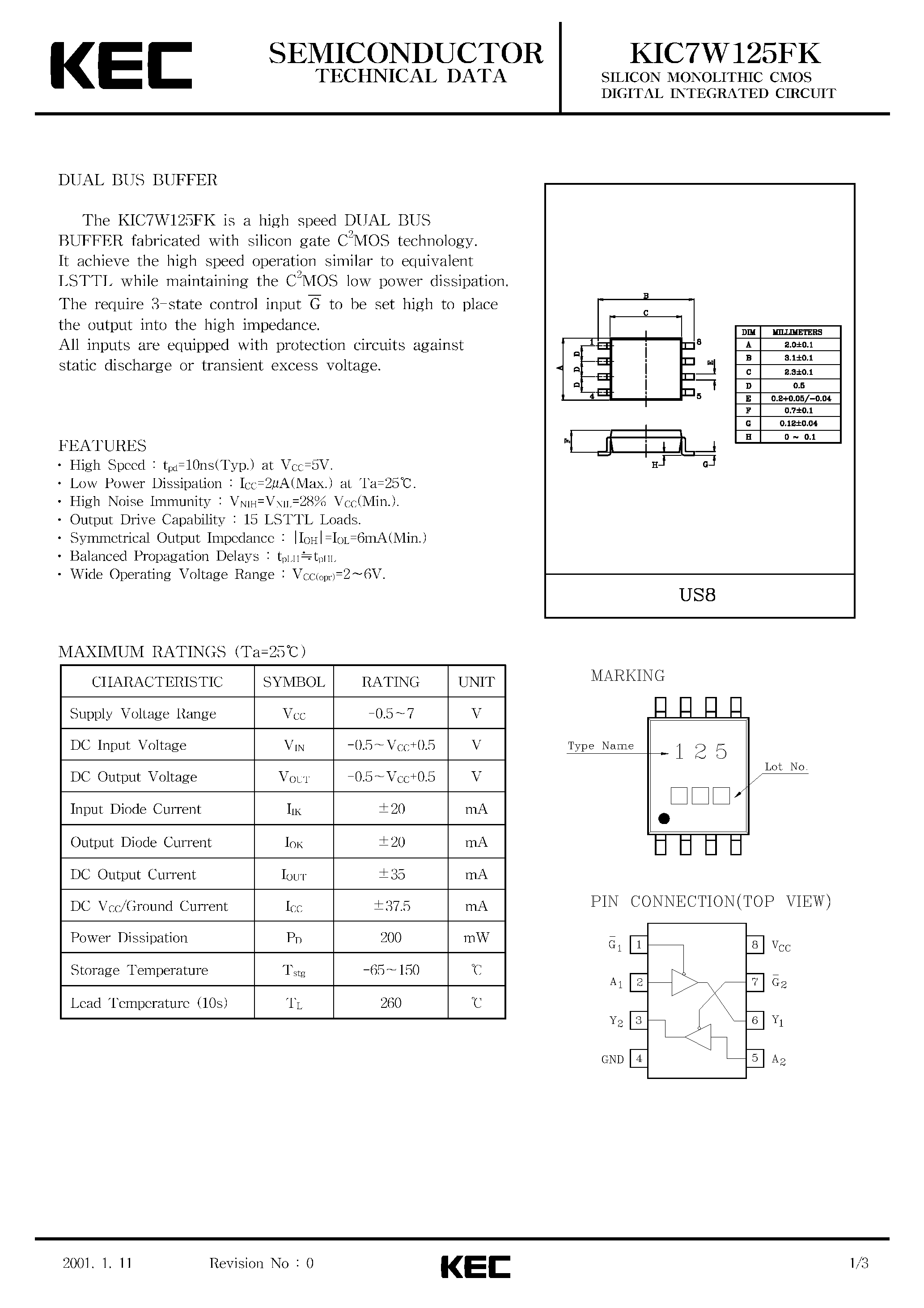 Datasheet KIC7W125FK - SILICON MONOLITHIC CMOS DIGITAL INTEGRATED CIRCUIT(DUAL BUS BUFFER) page 1