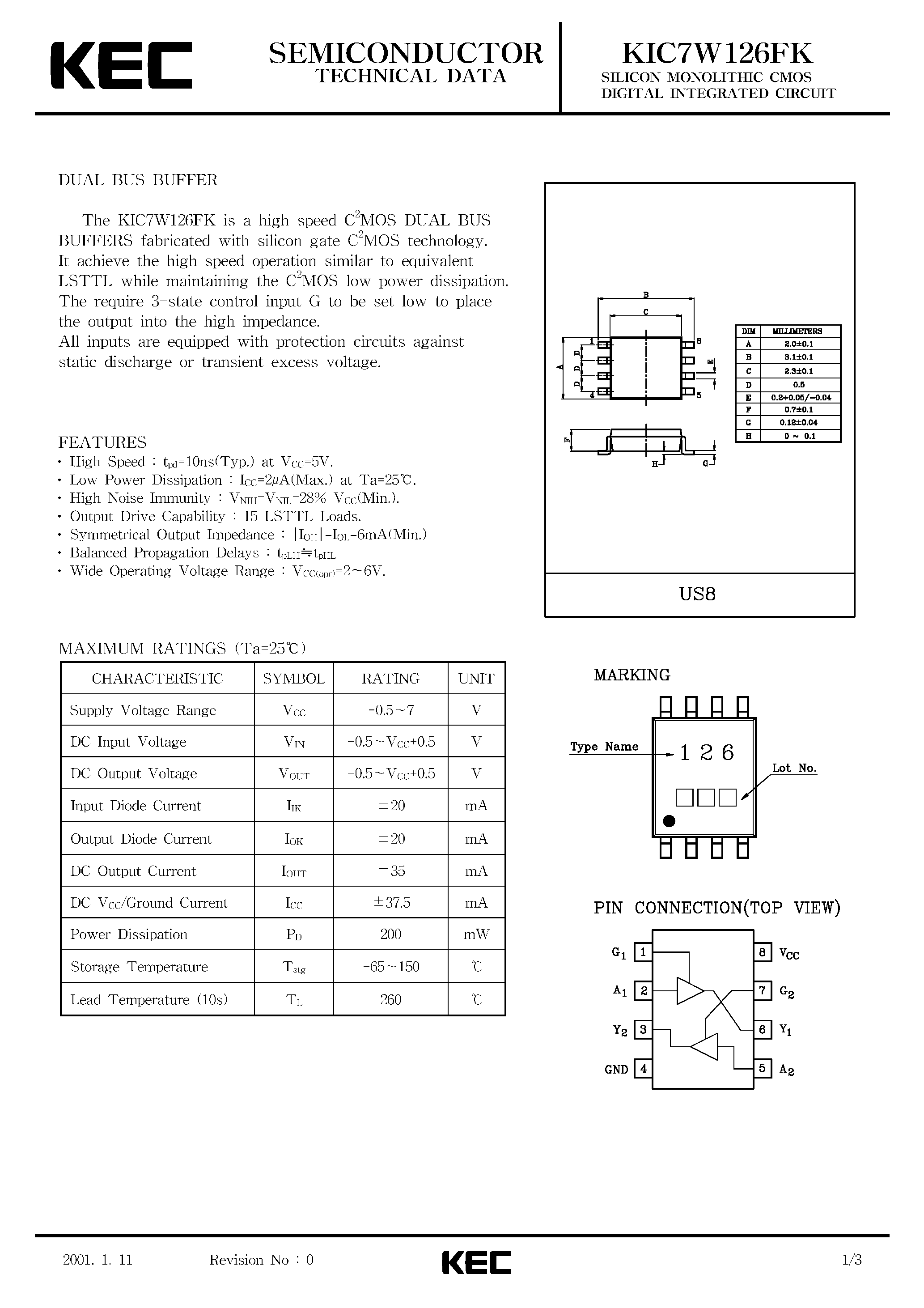 Datasheet KIC7W126FK - SILICON MONOLITHIC CMOS DIGITAL INTEGRATED CIRCUIT(DUAL BUS BUFFER) page 1