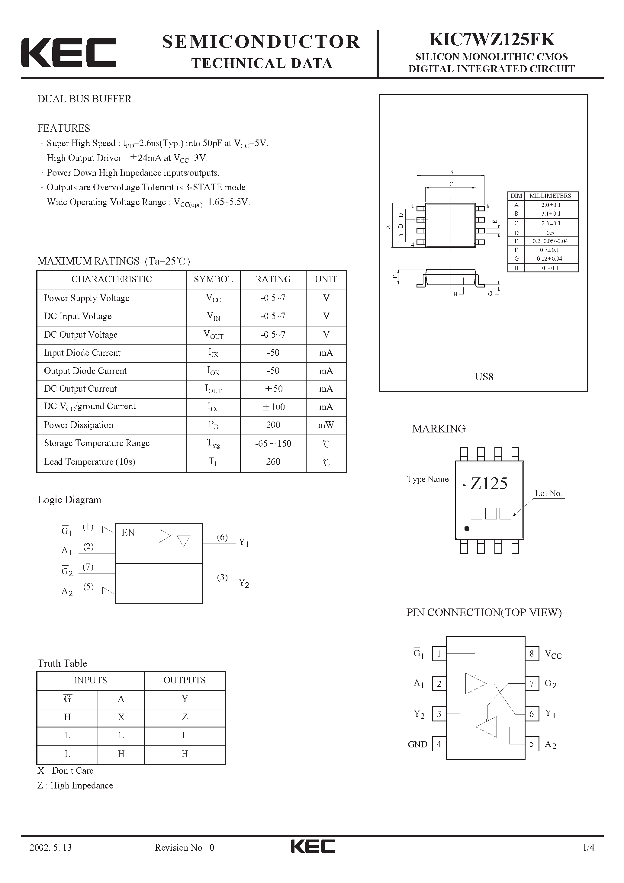 Даташит KIC7WZ125 - SILICON MONOLITHIC CMOS DIGITAL INTEGRATED CIRCUIT(DUAL BUS BUFFER) страница 1