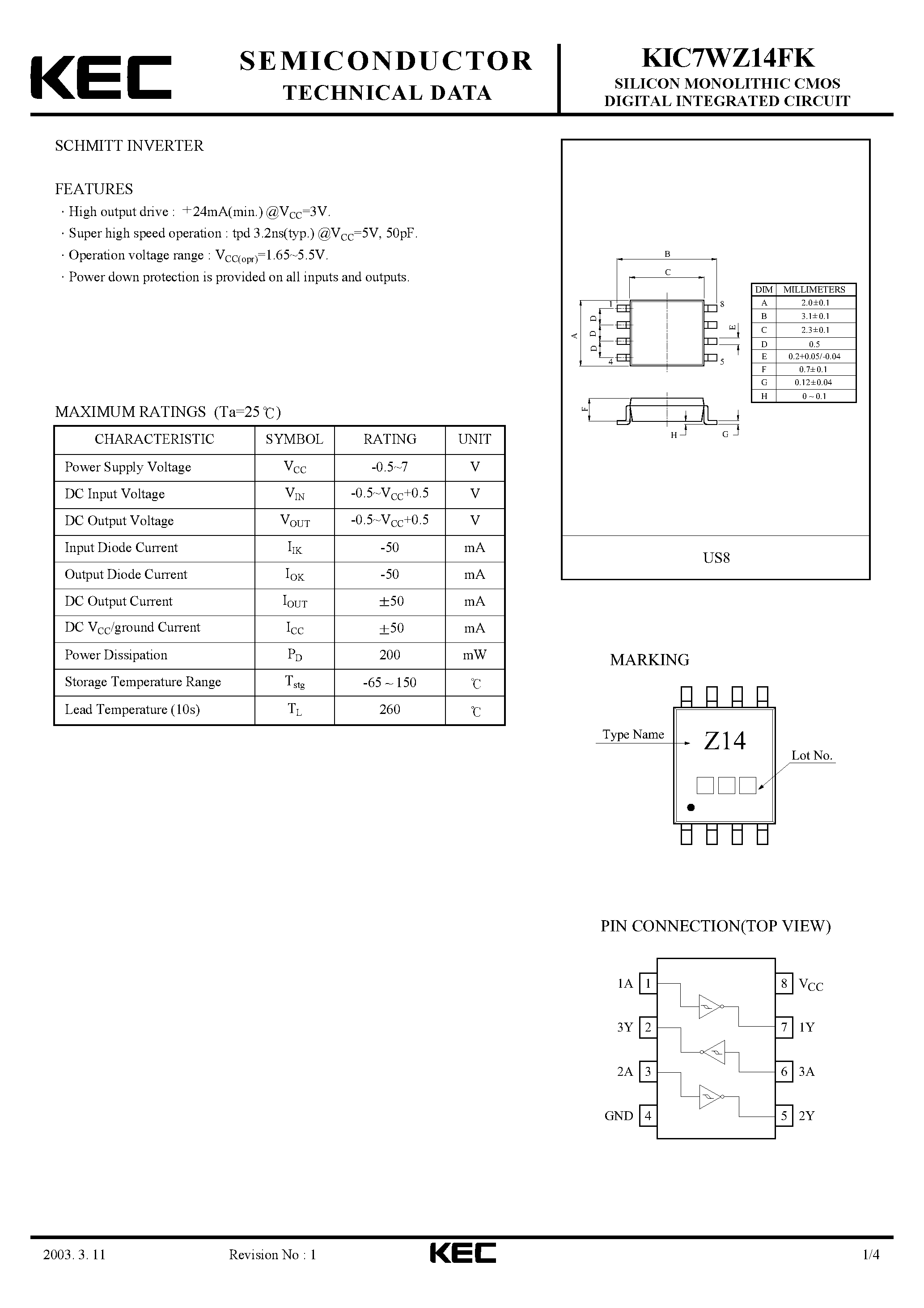 Datasheet KIC7WZ14FK - SILICON MONOLITHIC CMOS DIGITAL INTEGRATED CIRCUIT (SCHMITT INVERTER) page 1