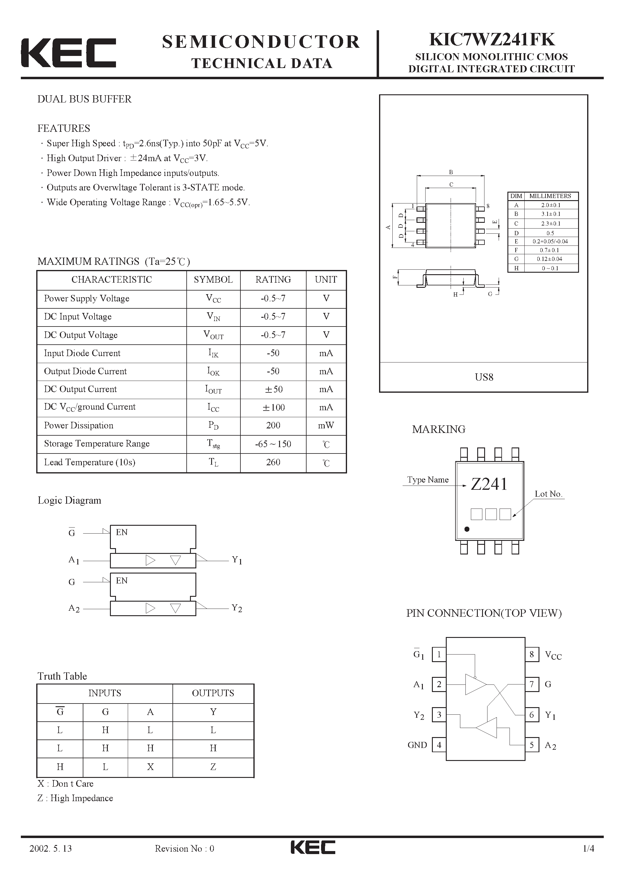 Даташит KIC7WZ241FK - SILICON MONOLITHIC CMOS DIGITAL INTEGRATED CIRCUIT(DUAL BUS BUFFER) страница 1