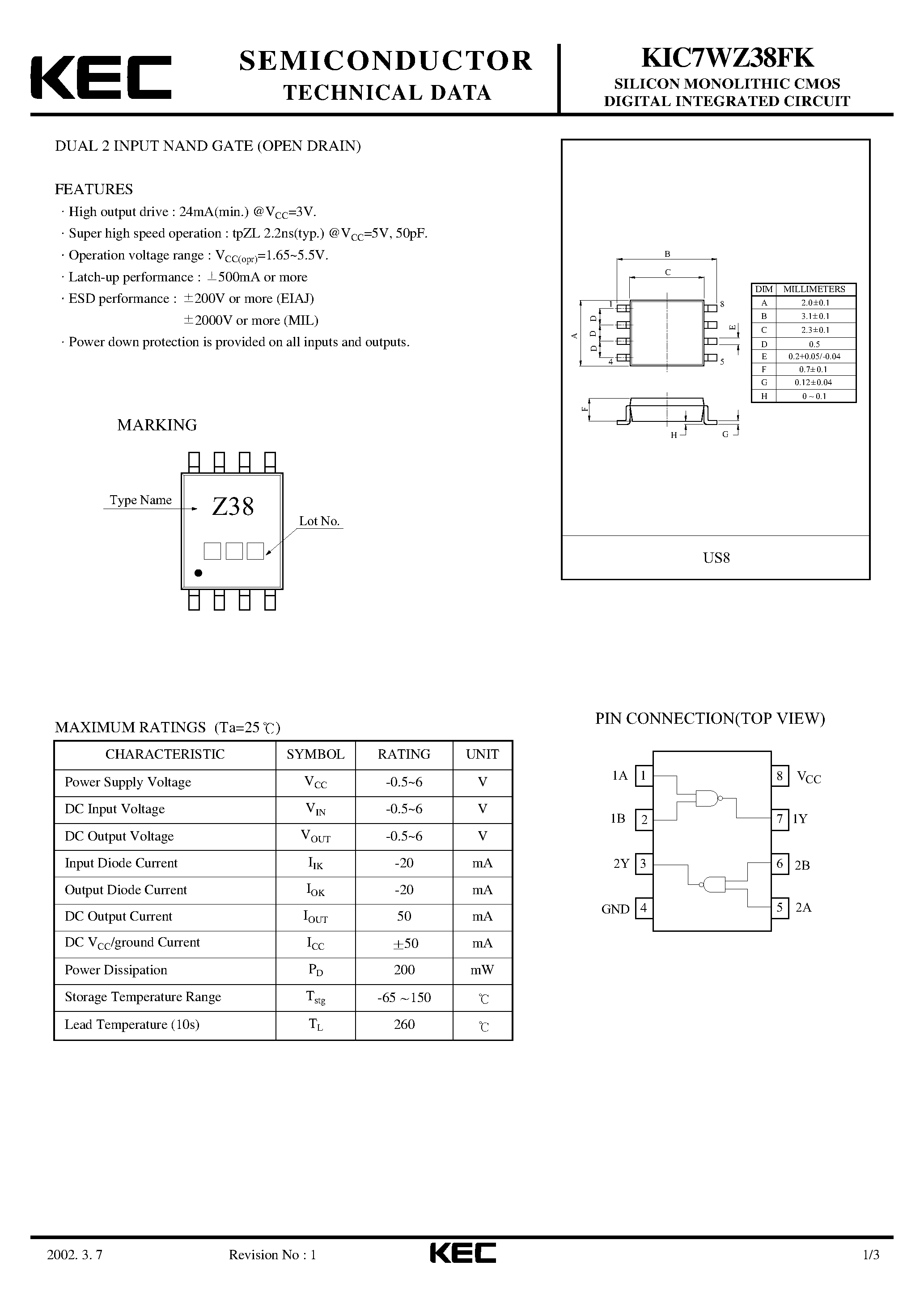 Datasheet KIC7WZ38FK - SILICON MONOLITHIC CMOS DIGITAL INTEGRATED CIRCUIT(DAUL 2-INPUT NAND GATE) page 1