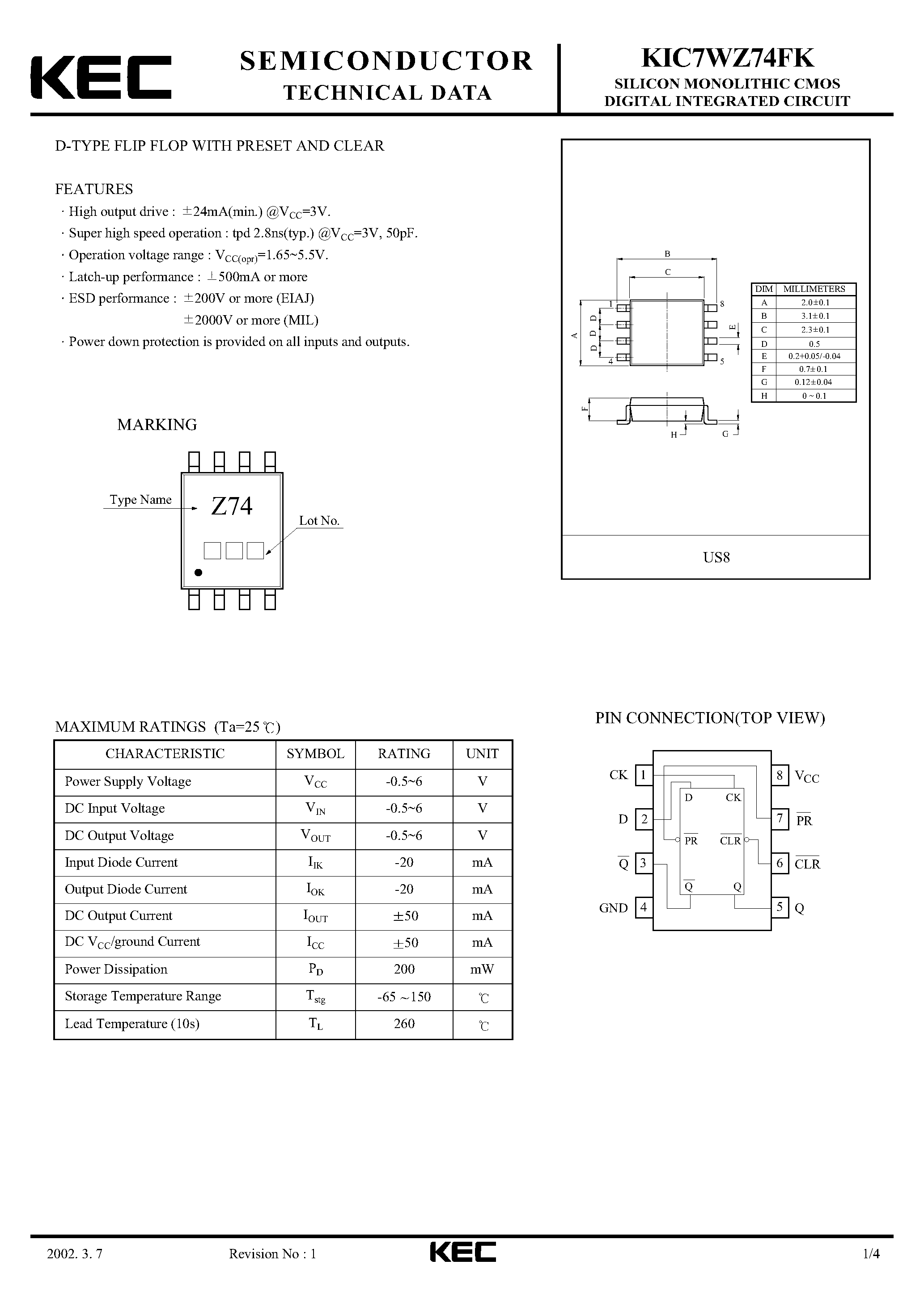 Datasheet KIC7WZ74FK - SILICON MONOLITHIC CMOS DIGITAL INTEGRATED CIRCUIT(D-TYPE FLIP FLOP WITH PRESET AND CLEAR) page 1