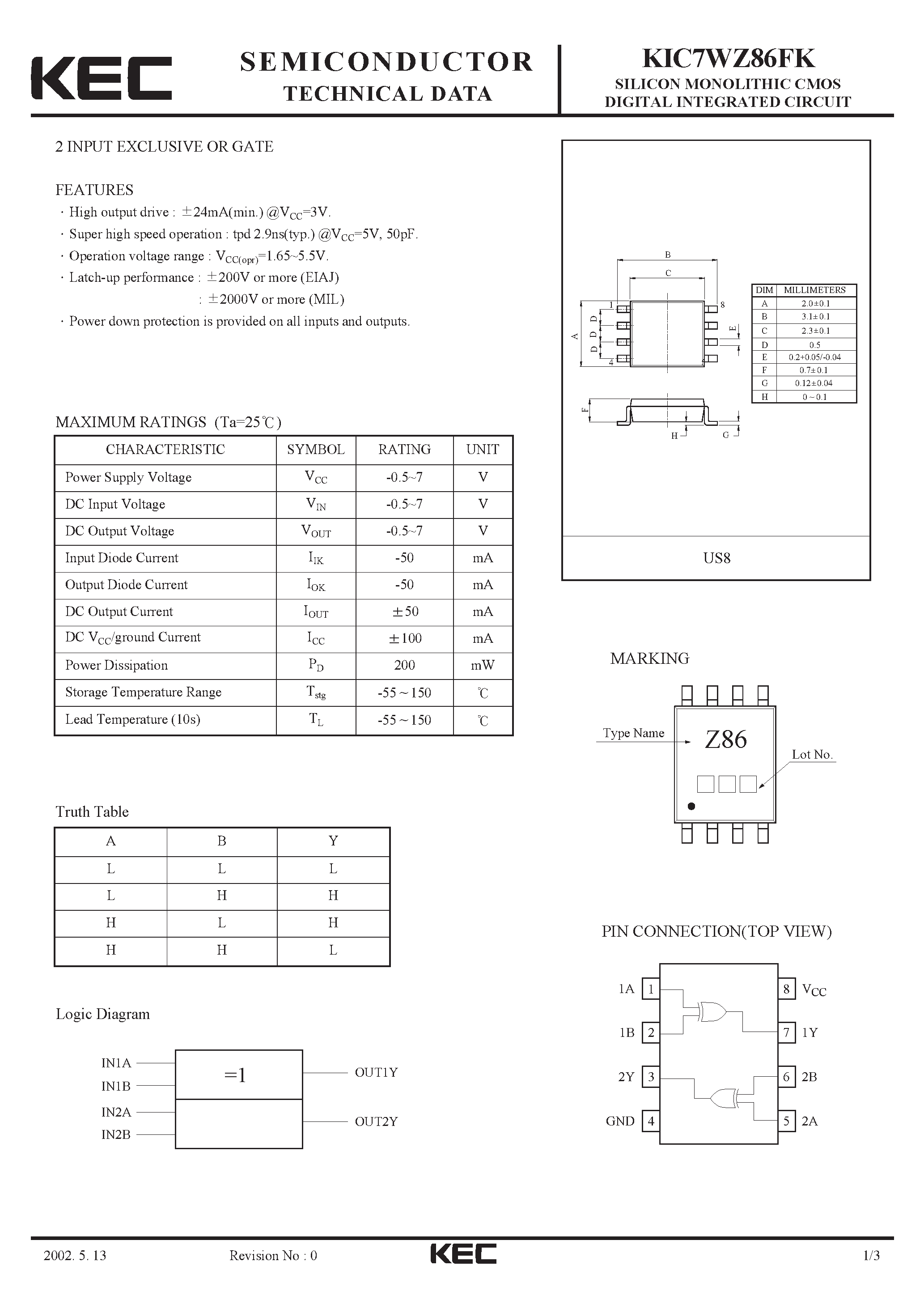 Datasheet KIC7WZ86FK - SILICON MONOLITHIC CMOS DIGITAL INTEGRATED CIRCUIT(2-INPUT EXCLUSIVE OR GATE) page 1