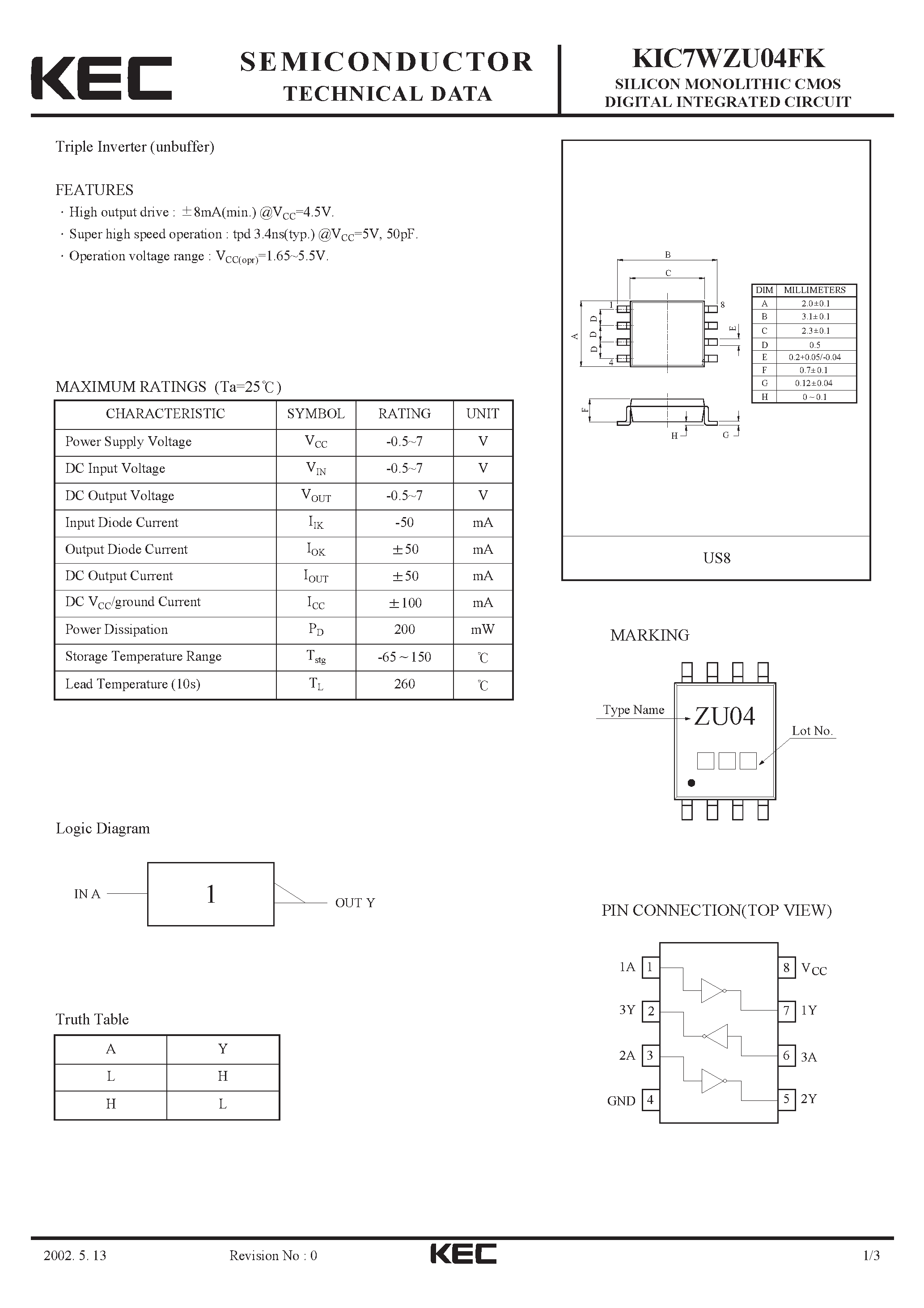 Datasheet KIC7WZU04FK - SILICON MONOLITHIC CMOS DIGITAL INTEGRATED CIRCUIT(TRIPLE INVERTER) page 1