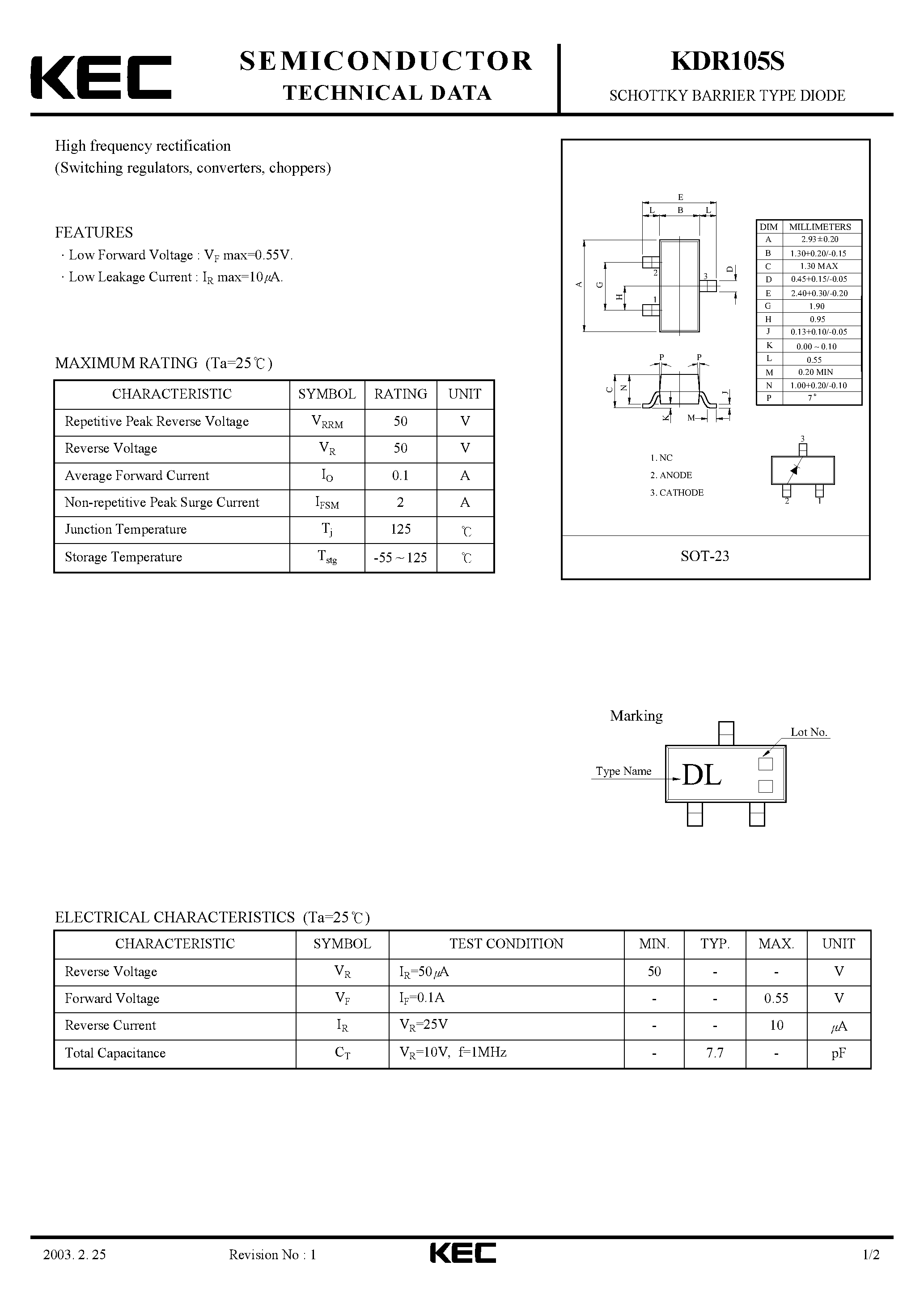 Datasheet KDR105S - SCHOTTKY BARRIER TYPE DIODE(HIGH FREQUENCY RECTIFICATION) page 1