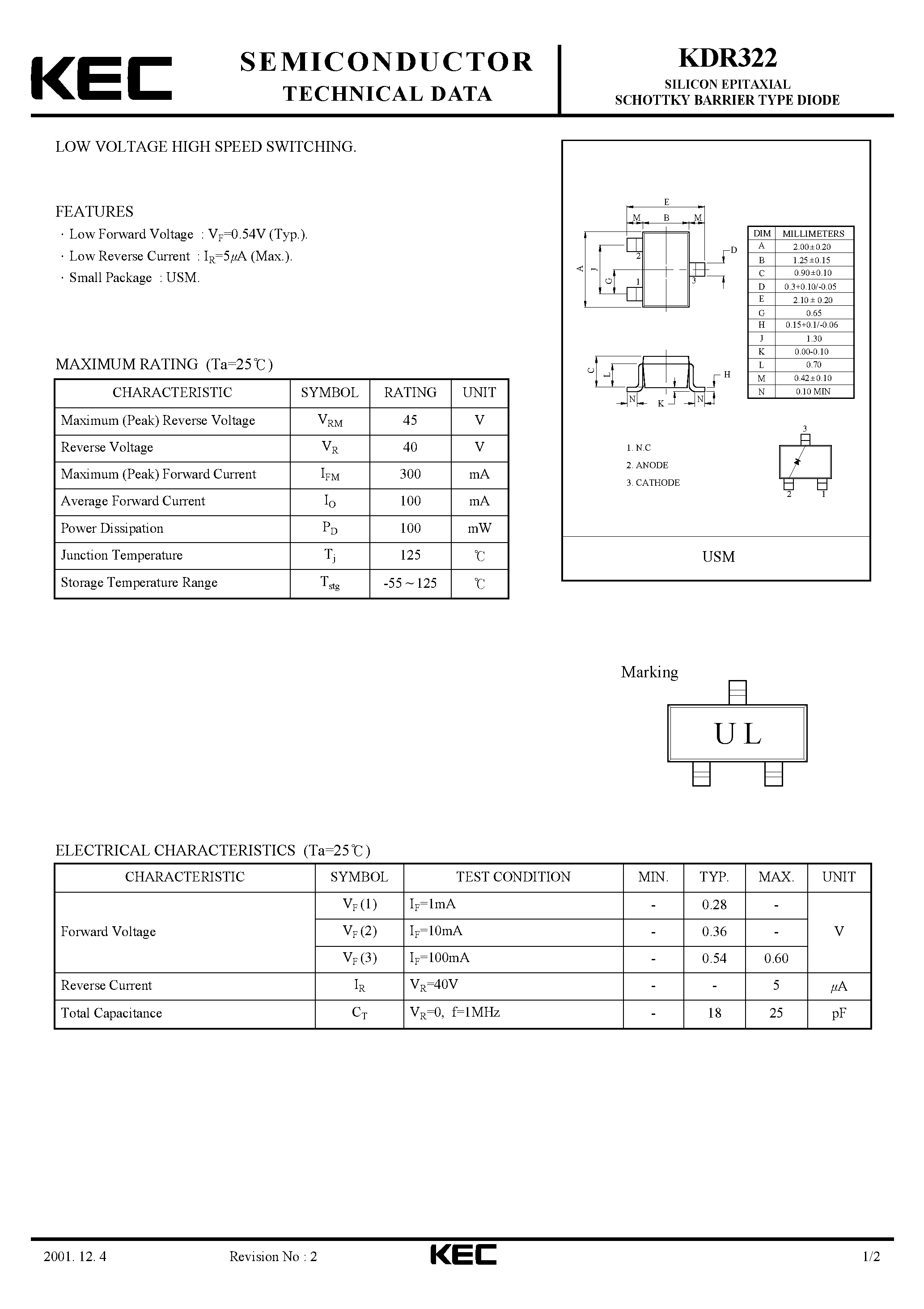 Datasheet KDR322 - SILICON EPITAXIAL SCHOTTKY BARRIER TYPE DIODE(LOW VOLTAGE HIGH SPEED SWITCHING) page 1