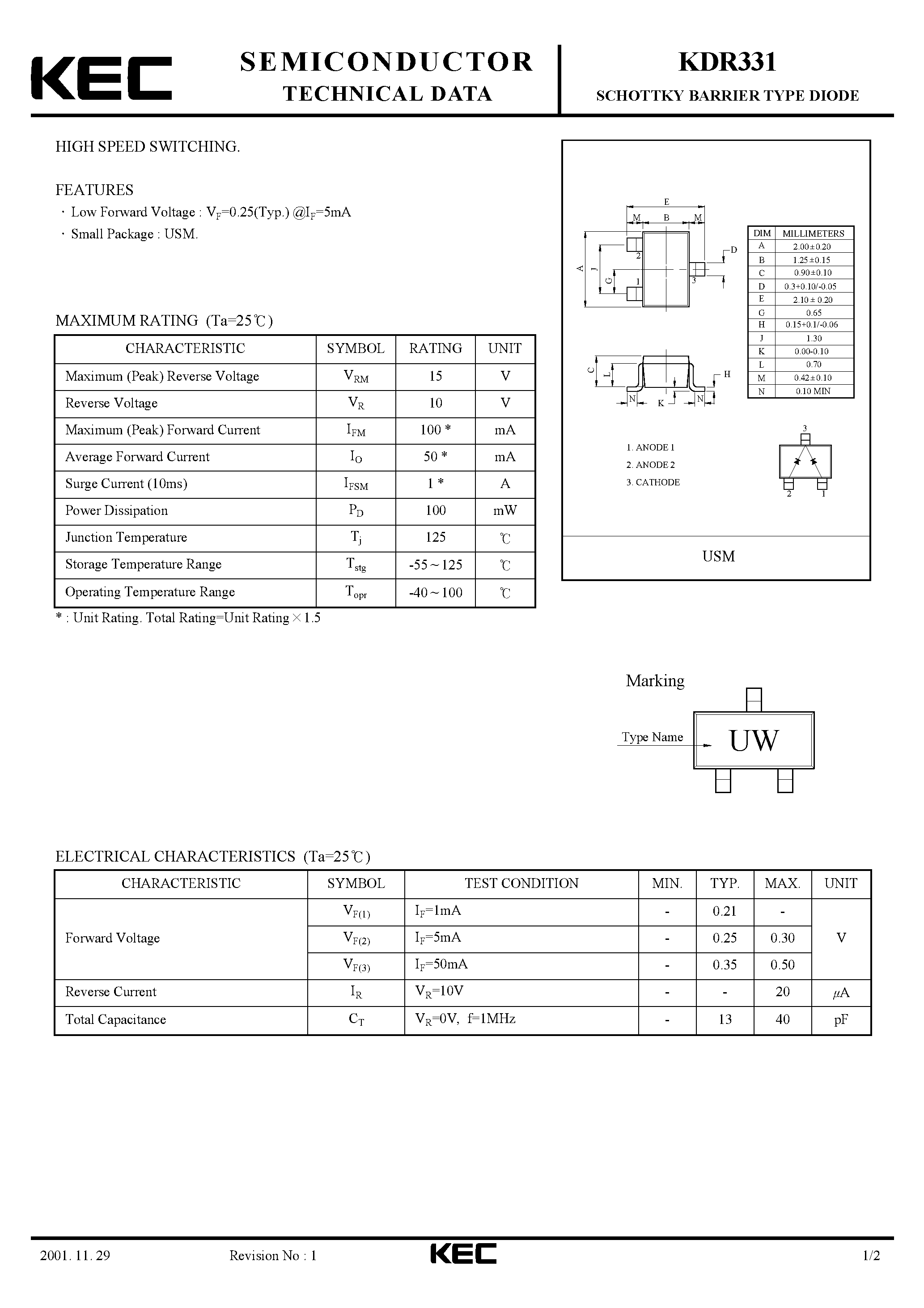 Datasheet KDR331 - SCHOTTKY BARRIER TYPE DIODE(HIGH SPEED SWITCHING) page 1